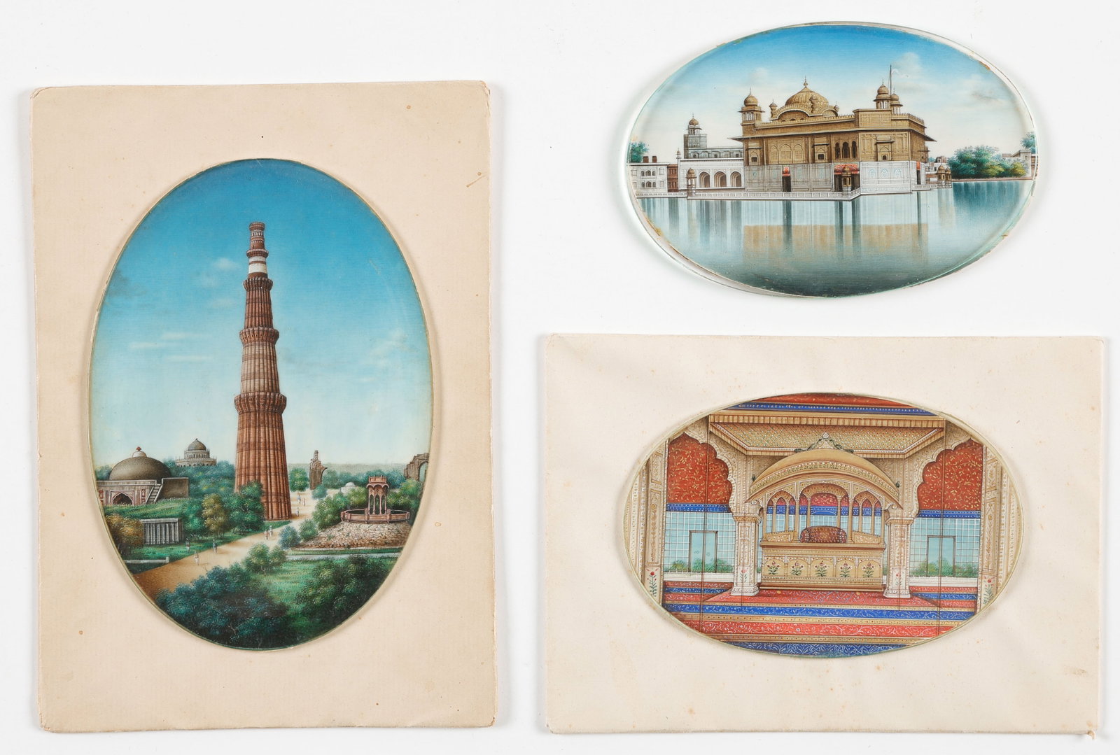 3 Antique Indian Miniature Paintings: 3 Antique Indian Miniature Paintings. Unframed. Including: The Golden Temple (Harmandir Sahib) at Amritsar, Qtub Minar, Peacock Throne at The Red Fort and The Qutb Minar. Size: from 4.75'' x 3.25'', (