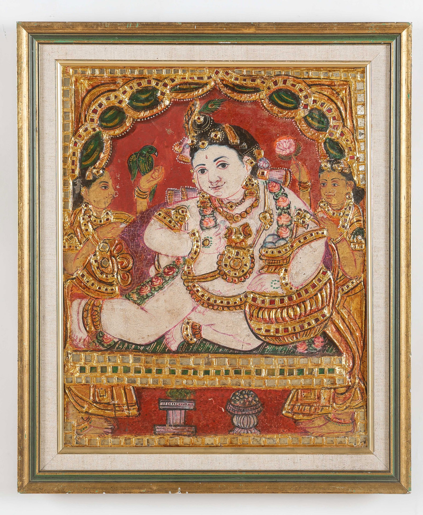 Tanjore Painting of the Balakrishna, Southern India, 19th C.: Tanjore Painting of the Infant Krishna Stealing Butter, Southern India, 19th C. Opaque pigments, gold leaf and sukka (limestone paste). Framed. Size: 19'' x 15'', 48 x 38 cm (sight); 23.5'' x 19.5'', 