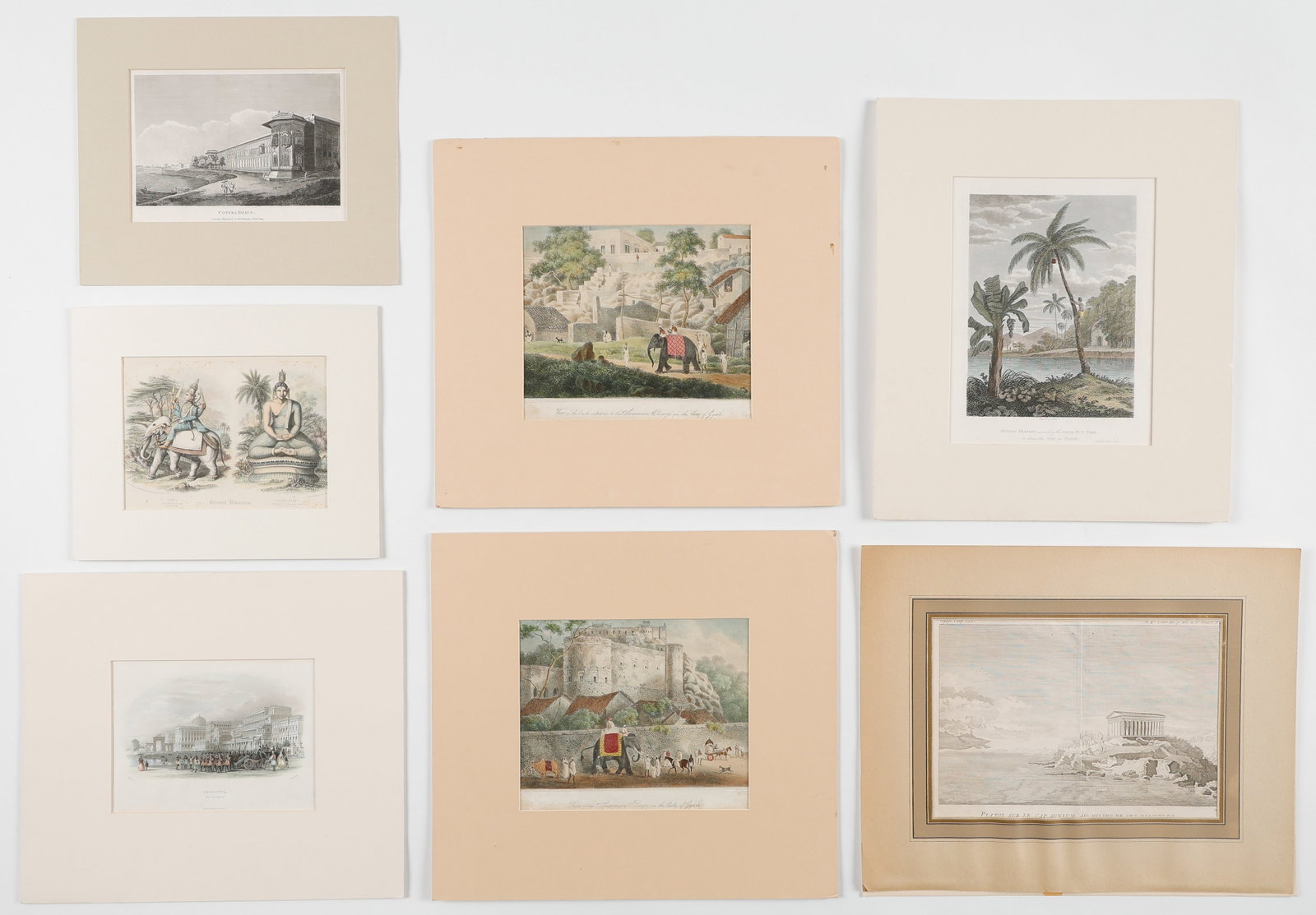 Collector's Lot Of 7 Assorted Prints: Group Of 7 Assorted Prints, Including: 1) Hindoo Peasant ascending the Cocoa Nut Tree (J. Shury), 2) Cotsea Bhaug (Thomas and William Daniell), 3) (Charles D'Oyly), 4) (Charles D'Oyly), 5) Oriental Di