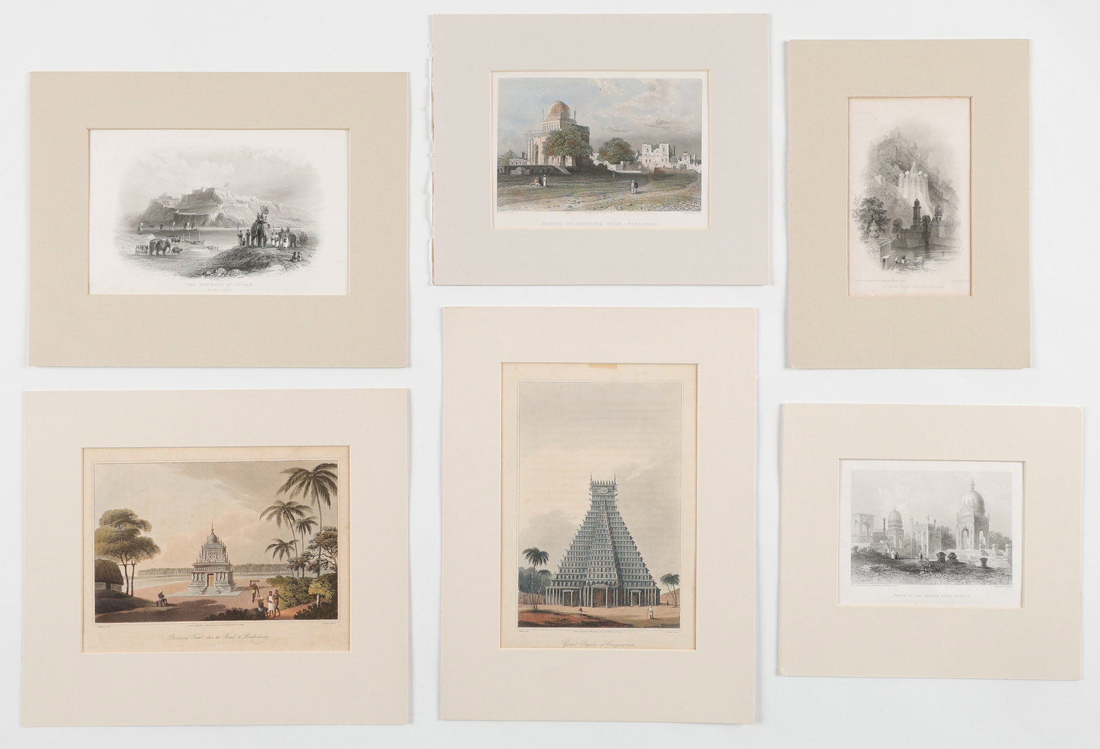 6 Antique Prints of Architectural Sites of India: 6 Antique Prints of Architectural Sites of India. Including: 1) The Fortress Of Chunar On The Ganges, (Unknown), 2) Brahmin's Tomb Near The Road To Pondicherry (James Wathen), 3) "Tomb Of The Bereed K
