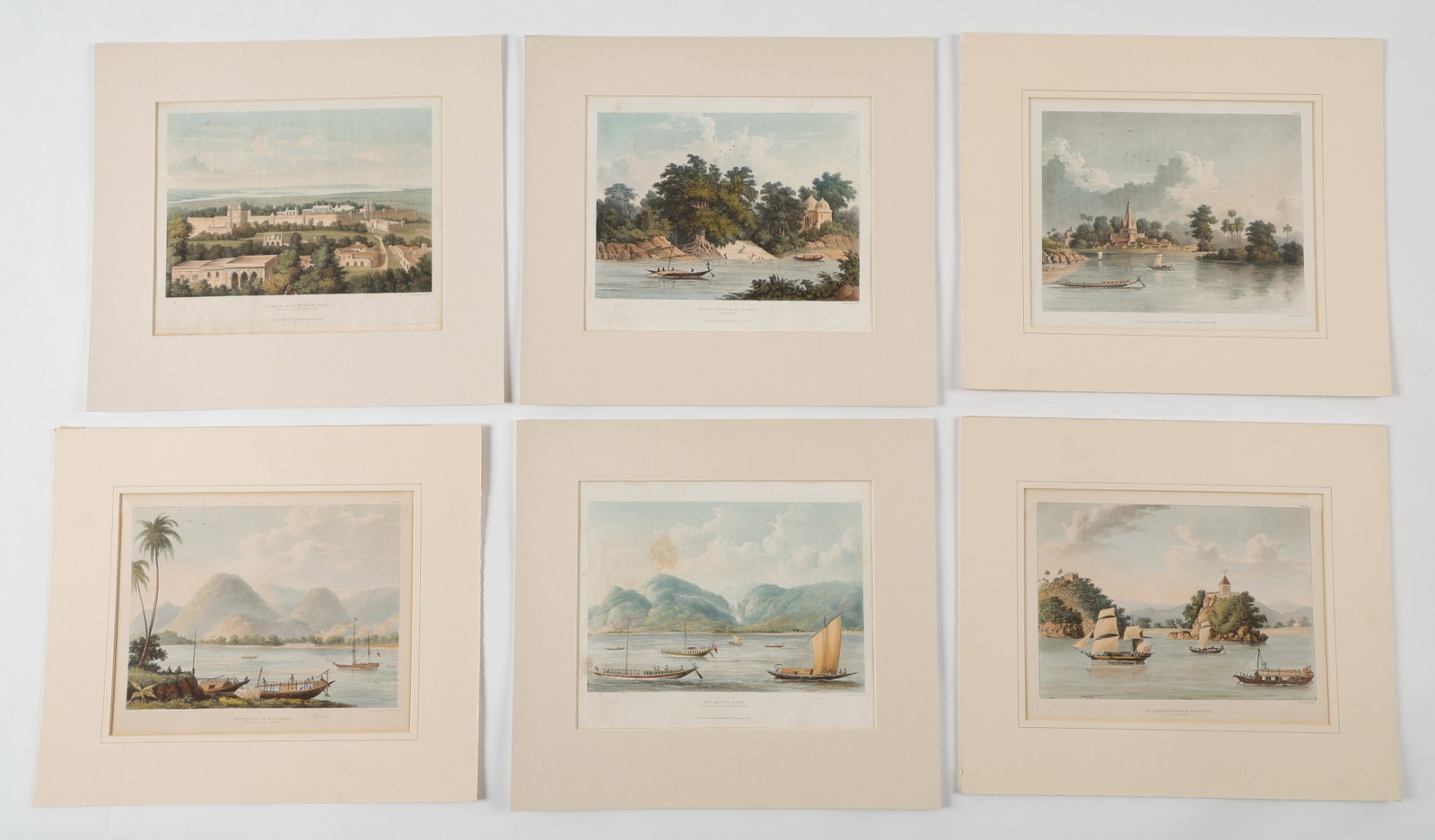 T. Sutherland After Charles Ramus Forrest, 6 Hand Colored Aquatints Of India: T. Sutherland After Charles Ramus Forrest, 6 Hand Colored Aquatints from A Picturesque Tour along the Rivers Ganges and Jumna in India, 1824, R. Ackermann, London. 1) "The Motee Jhurna Or Fall of Pear