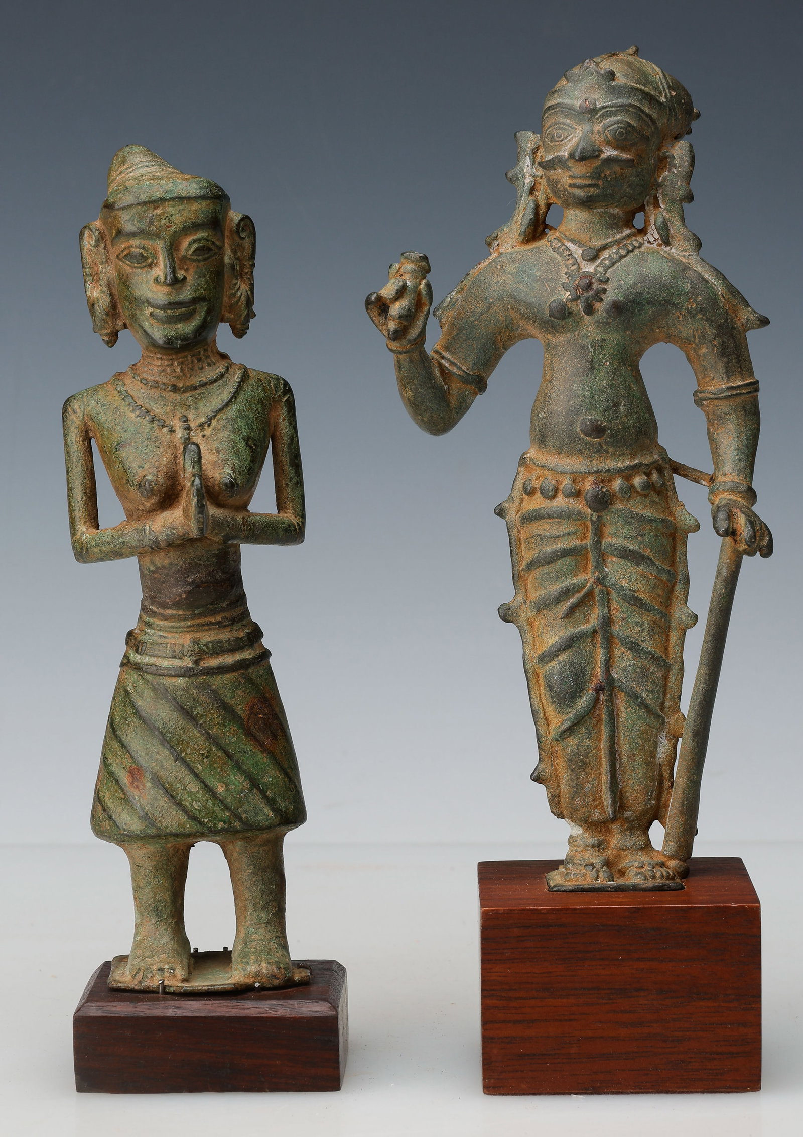 Pair Of Indian Bronzes, South India (Tamil Nadu), 16th-18th C.: Pair Of Indian Bronzes, South India (Tamil Nadu), 16th-18th C. Probably Vijayanagara-Nayaka period or later, for home worship. Solid Cast. Sizes: 1) 8'' x 2'' x 2'' (20 x 5 x 5 cm); Hos: 8.5" (22 cm).