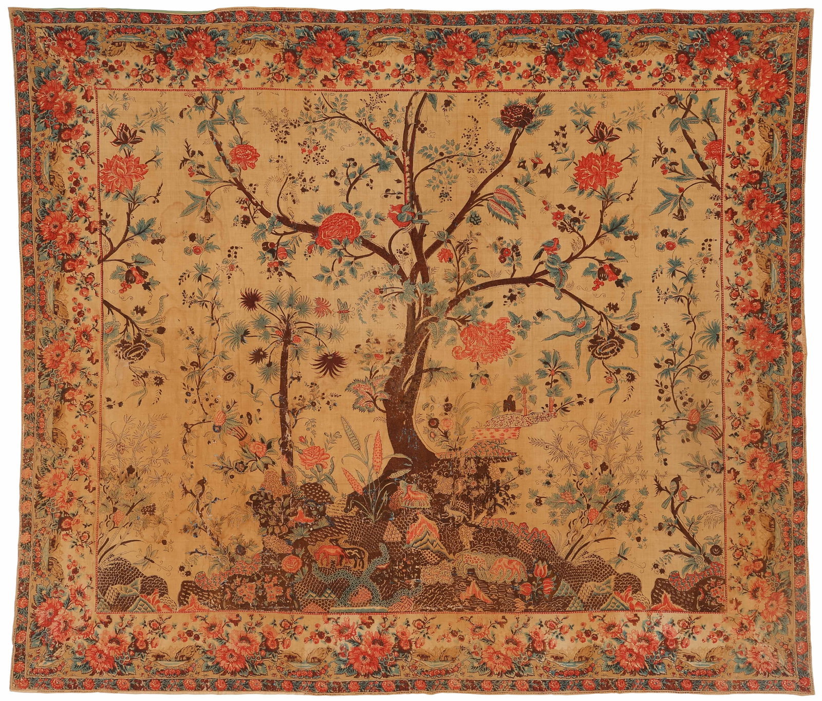 Indian "Tree of Life" Palampore Textile, 18th C.: Indian "Tree of Life" Palampore Textile, 18th C. Size: 8'6'' x 7'4'' (259 x 224 cm). Painted and printed on cotton. Brown dyed areas show corrosion, repair and reinforcement of structure.