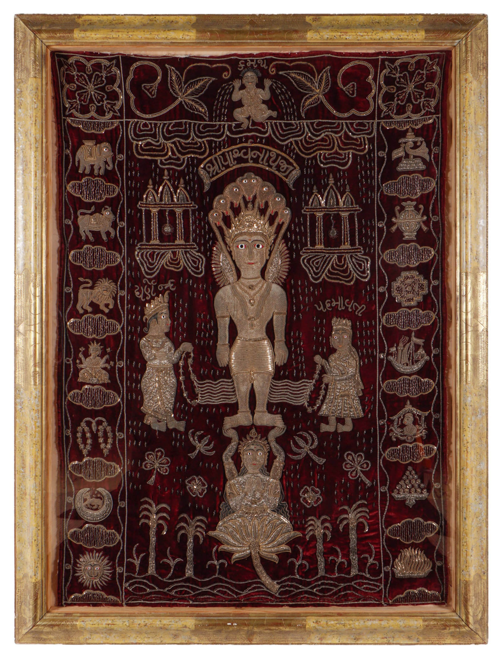 Jain textile of 23rd Tirthankar "Sri Parsvanath", 4'1'' x 3'0'': Jain textile of 23rd Tirthankar "Sri Parsvanath". Size: 4'1'' x 3'0''; 124 x 91 cm (textile); 55.5'' x 42'', 141 x 107 cm (frame). Rare religious Jain textile depicting an iconic event in the life of 
