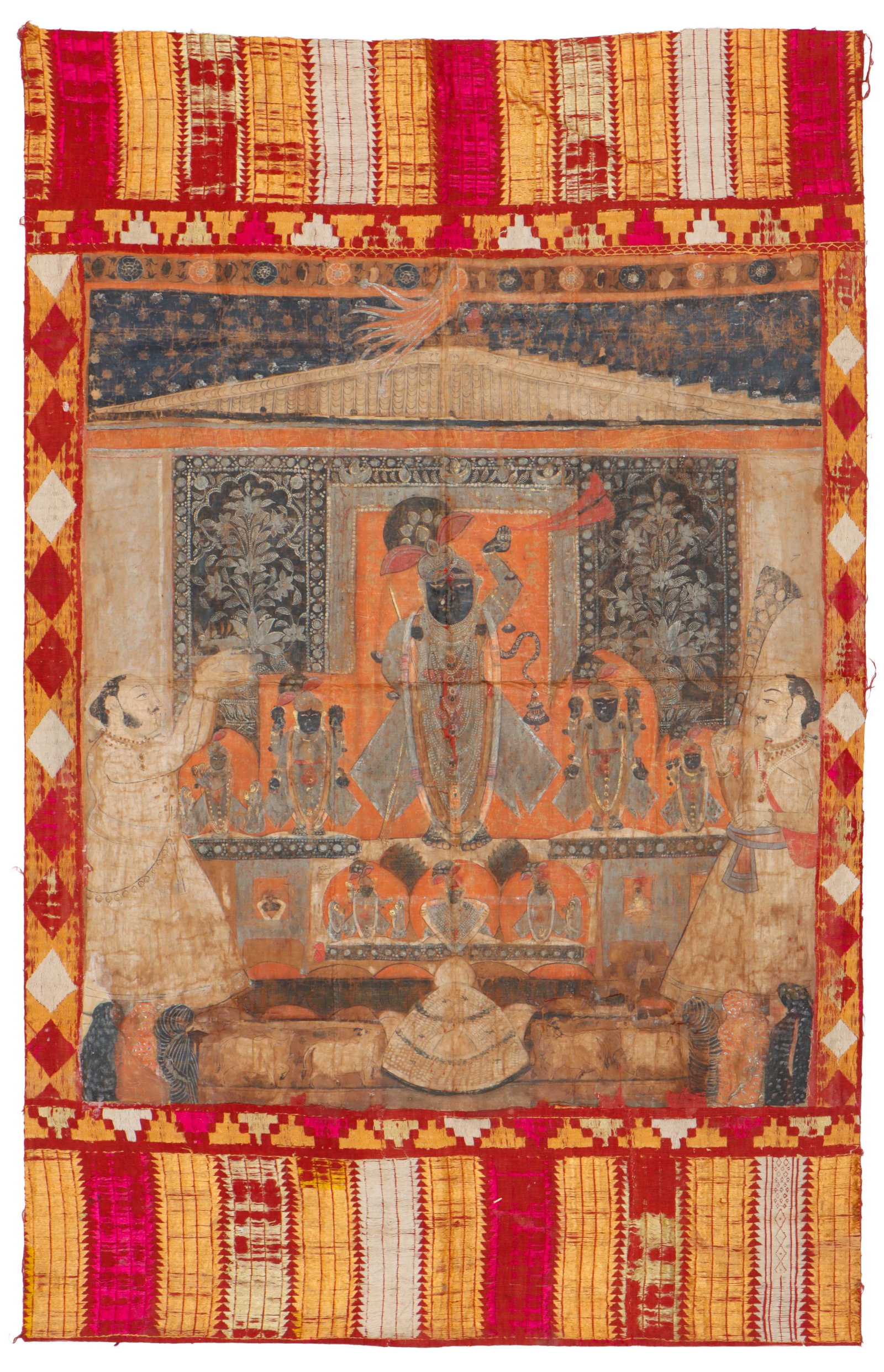 Antique Indian Shrinathji Pichhvai Painting, Krishna Darshan Shrine Hanging, Rajasthan, 4'8" x 2'11": Antique Indian Shrinathji Pichhvai Painting, Krishna Darshan Shrine Hanging, Rajasthan. Size: 4'8'' x 2'11'' (142 x 89 cm). Painted pigments on canvas, backed with embroidered textile. The central com