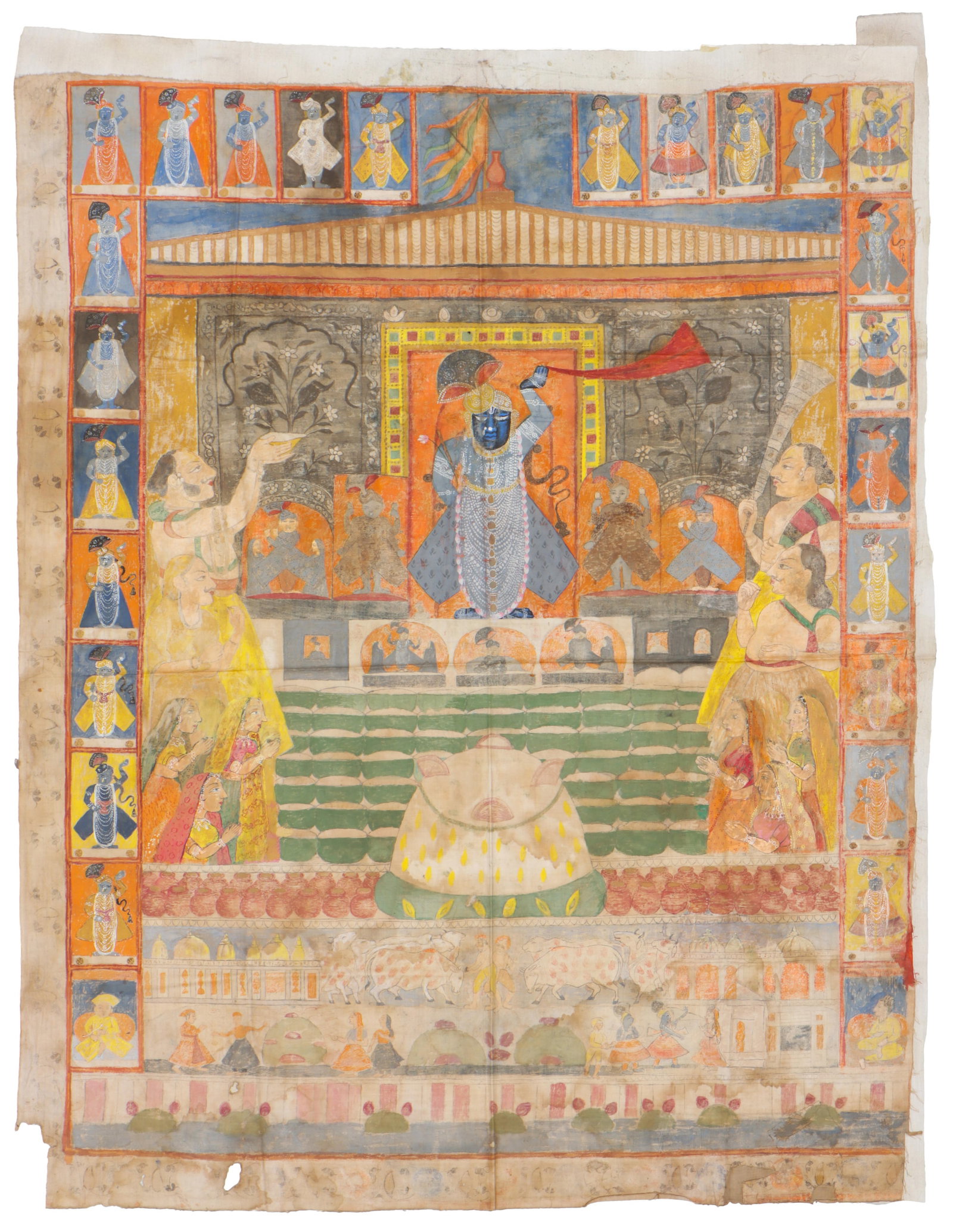 Indian Devotional Temple Painting Of Krishna Shrine, Rajasthan/Gujarat, Late 19th-Early 20th C., 43": Large Indian Devotional Temple Painting of Krishna Shrine, Rajasthan/Gujarat, Late 19th-Early 20th C. Opaque watercolor (gouache) on cloth. Size: 3'7'' x 2'10'' (109 x 86 cm). Depicting a central Kris