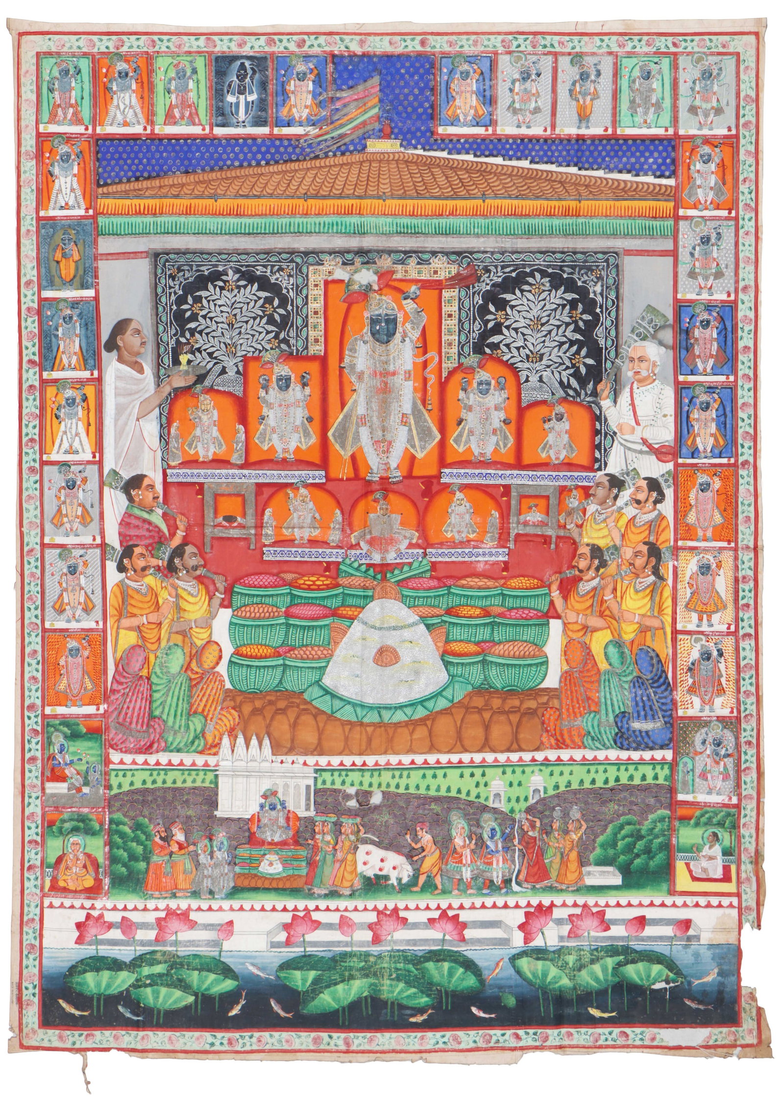 Antique Nathdwara Pichhvai Shrinathji Annakut Govardhan Puja Painting, Rajasthan, 5'10" x 4'2": Antique Nathdwara Pichhvai Shrinathji Annakut Govardhan Puja Painting, Rajasthan. Size: 5'10'' x 4'2'' (178 x 127 cm). A large Nathdwara Pichhvai painting depicting Shrinathji in Annakut Darshan, Raja