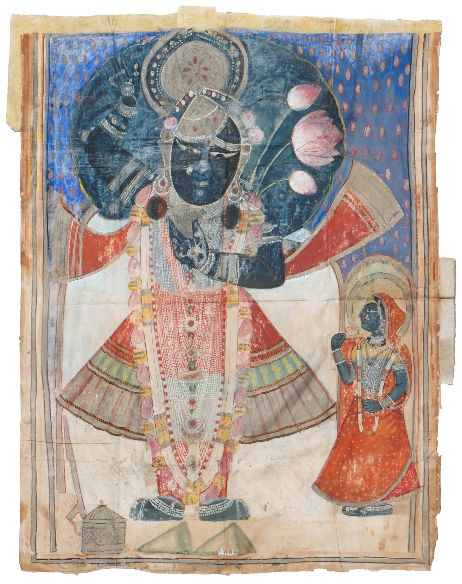 Antique Nathdwara Shrinathji Pichhvai, Krishna Devotional Hanging, Rajasthan India, 3'11" x 2'11": Antique Nathdwara Shrinathji Pichhvai, Krishna Devotional Hanging, Rajasthan India. Size: 3'11'' x 2'11'' (119 x 89 cm). A devotional Nathdwara pichhvai painting depicting Shrinathji (Krishna), execut