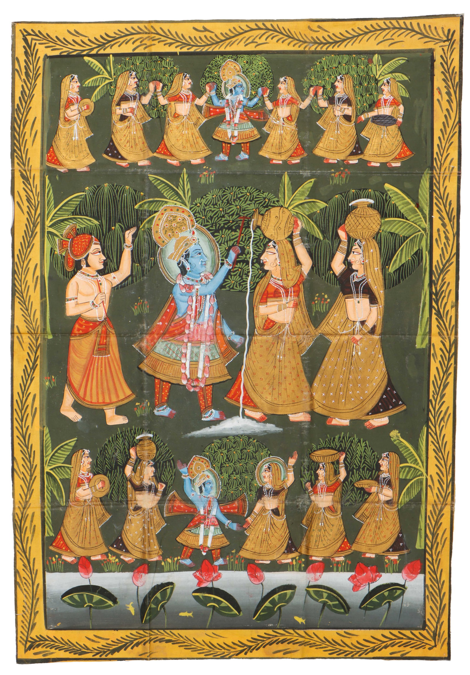 Antique Nathdwara Pichhvai Painting Of Krishna With Gopis, Rajasthan India, 4'0" x 2'8": Antique Nathdwara Pichhvai Painting Of Krishna With Gopis, Rajasthan India. Size: 4'0'' x 2'8'' (122 x 81 cm). A Nathdwara school pichhvai painting depicting Krishna engaged in a devotional water (jal