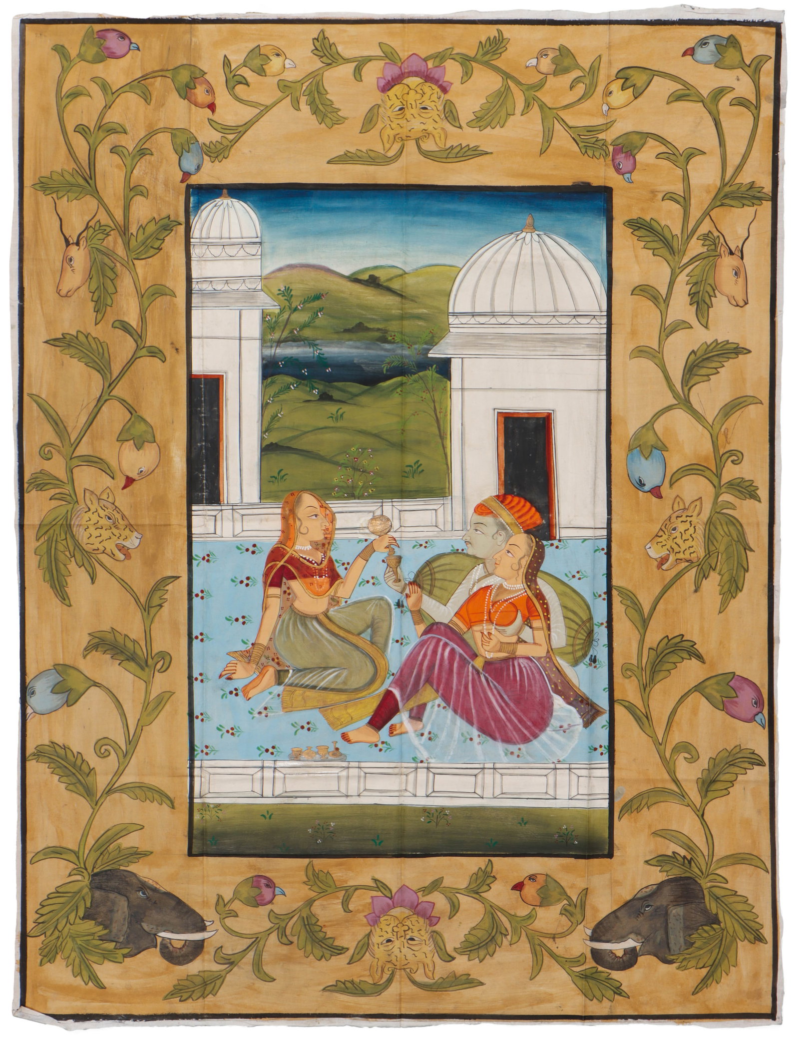 Large Rajput Palace Textile Painting Of Courtly Lovers, Late 19th/Early 20th C. 48" x 36" (1 of 3)