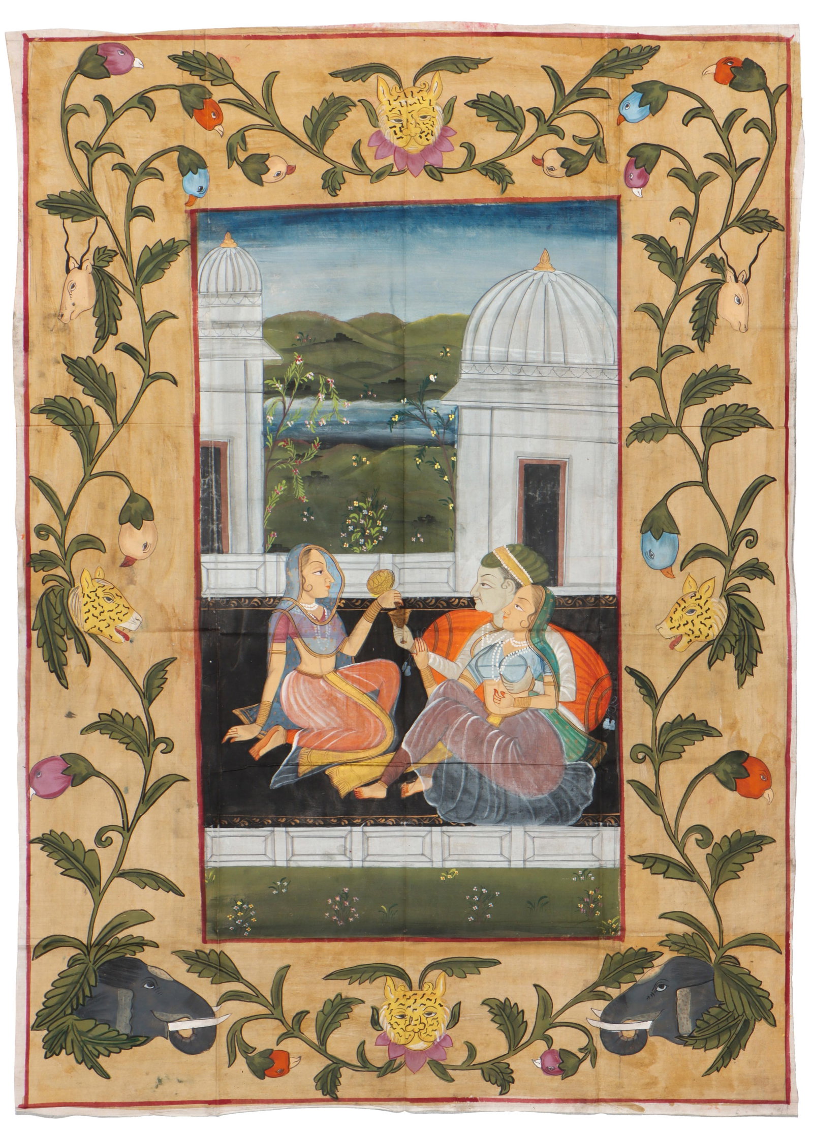 Large Rajput Palace Textile Painting Of Courtly Lovers In A Pavilion, Late 19th/Early 20th C. 50" x (1 of 3)