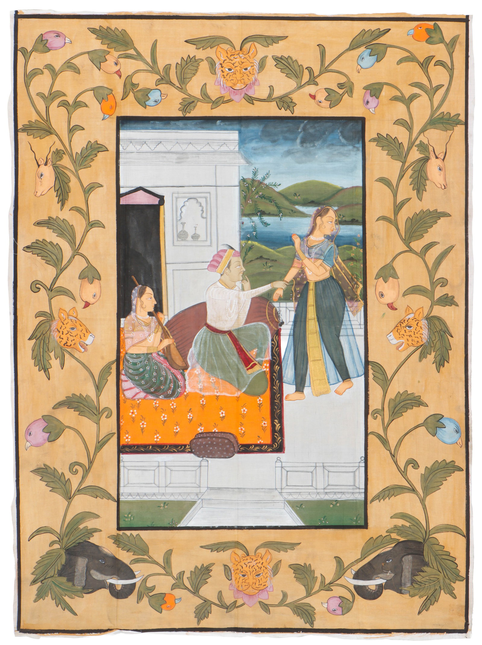Large Rajput Palace Textile Painting Of Courtly Lovers, Late 19th/Early 20th C. 48" x 36" (1 of 3)