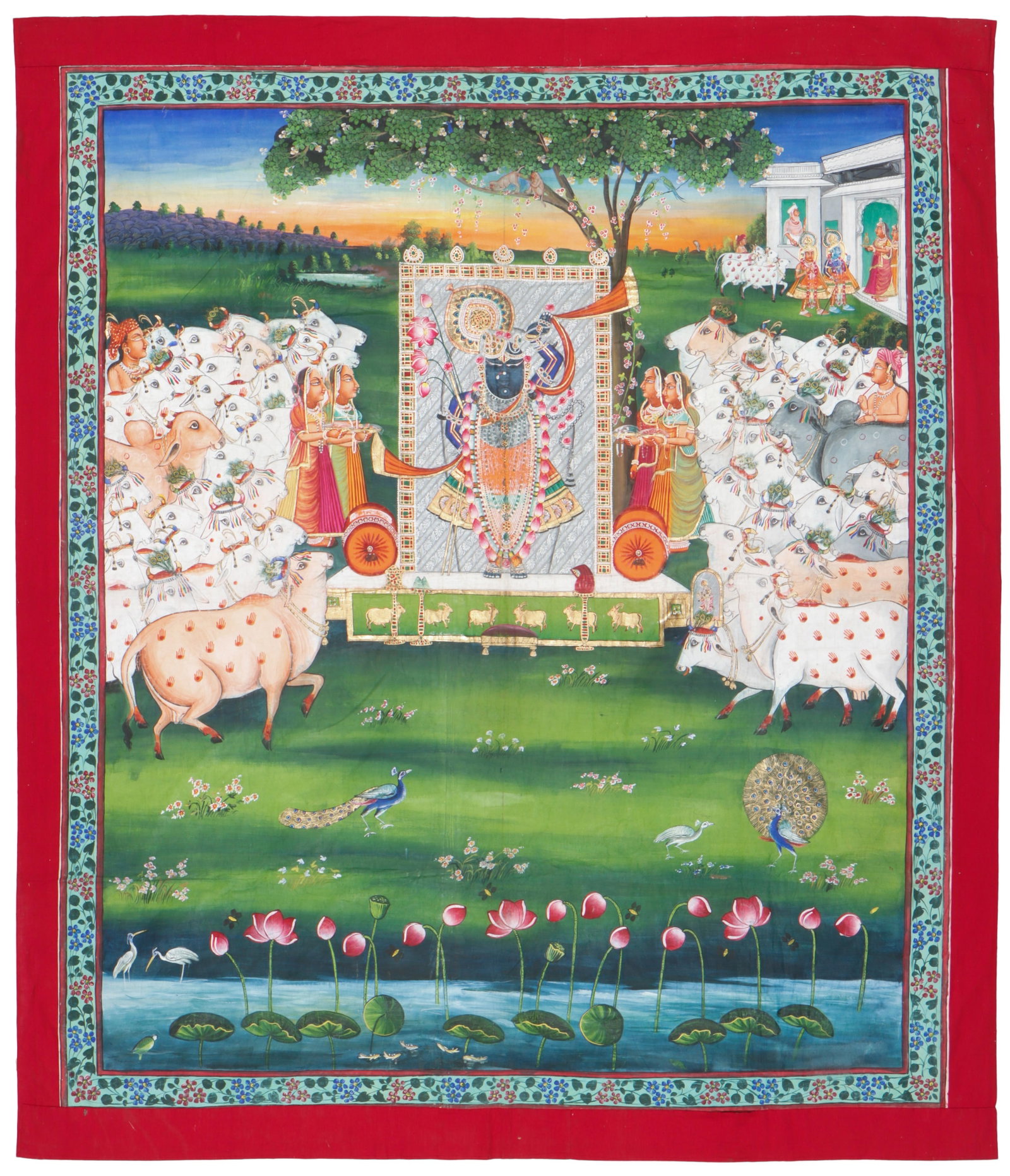 Monumental Nathdwara Pichwai of Shrinathji with Sacred Cows, Rajasthan, 77" x 66": Monumental Nathdwara Pichwai of Shrinathji with Sacred Cows, Rajasthan, Opaque watercolor and pigments on cloth. Size: 6'5'' x 5'6'' (196 x 168 cm). In a richly ornamented ceremonial setting, presente