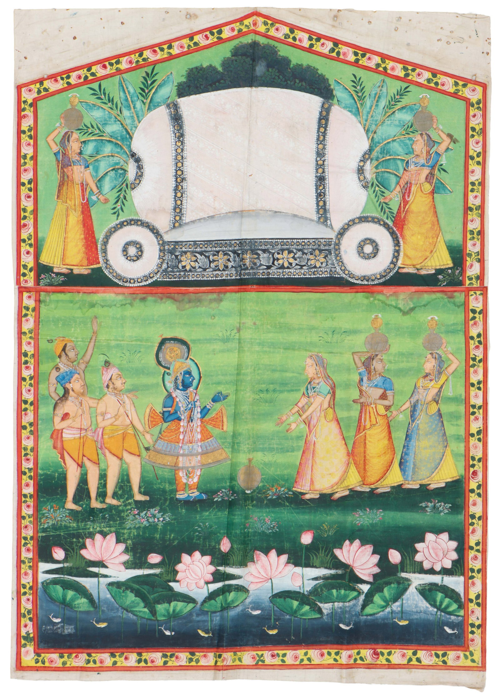 Large Antique Indian Krishna Painting, Empty Royal Bolster Throne, Rajasthani School, Late: Large Antique Indian Krishna Painting, Empty Royal Bolster Gaddi Throne, Darbar Symbolism, Rajasthani School, Gouache on Cloth, Late 19th-Early 20th C. Opaque watercolor on cloth. Size: 4'0'' x 2'10''