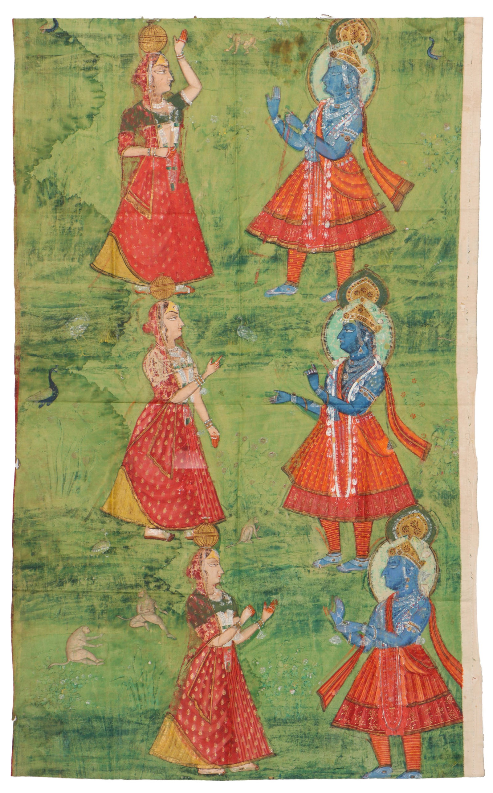 Antique Nathdwara Krishna Pichhvai Painting, Rajasthan India, 4'0" x 2'6": Antique Nathdwara Krishna Pichhvai Painting, Rajasthan India, Size: 4'0'' x 2'6'' (122 x 76 cm). A Nathdwara school devotional painting depicting Krishna (Shrinathji) in repeated interaction with gopi
