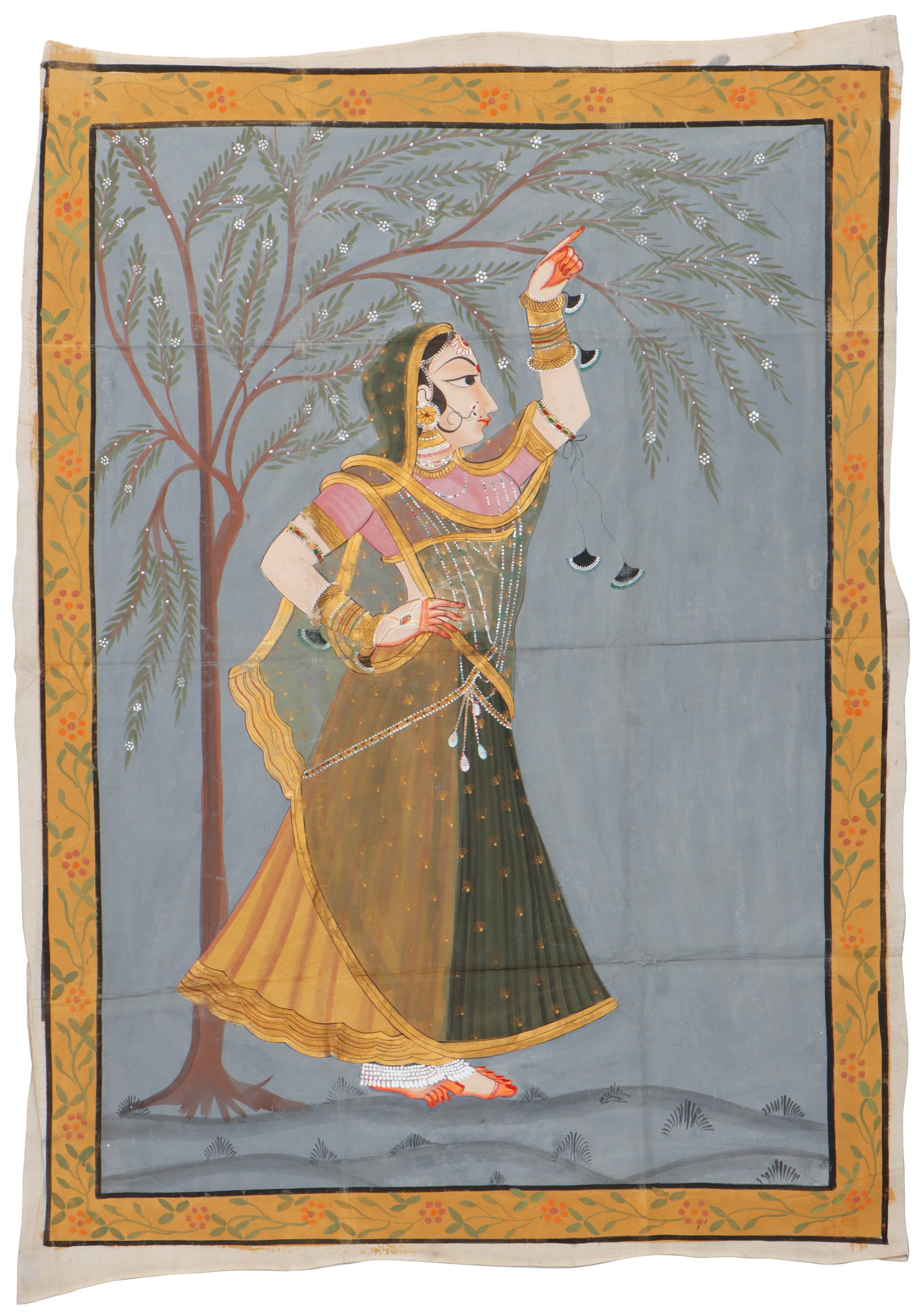 Large Indian Jaipur Style Painting Noblewoman Under Tree, Rajasthan, Mid-Late 20th C. 48" x 35": Large Indian Jaipur Style Painting Noblewoman Under Tree, Rajasthan, Mid-Late 20th C. Opaque watercolor and gold-toned pigment on paper. Size: 4'0'' x 2'11'' (122 x 89 cm). An elegantly dressed noblew