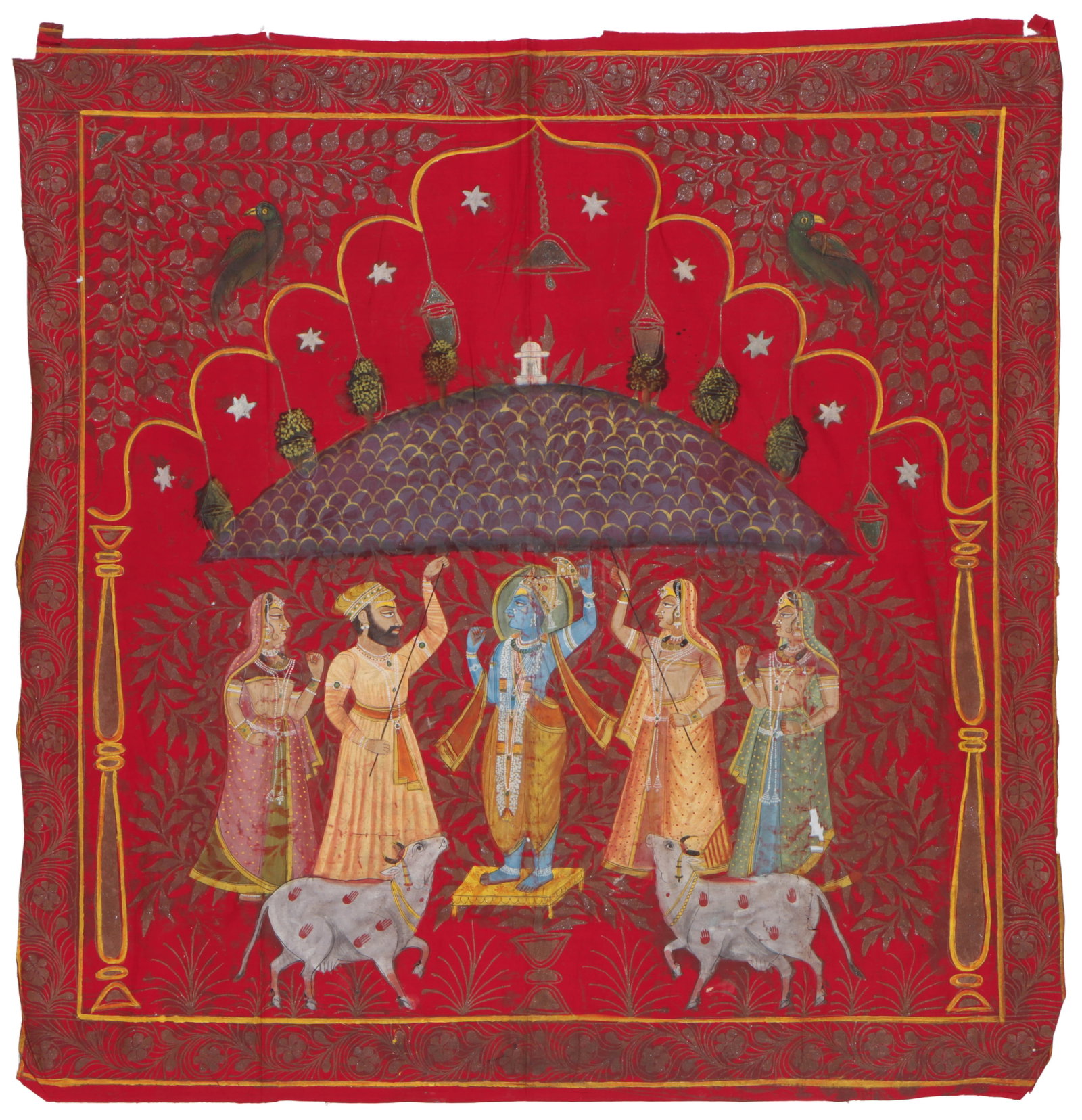 Large Antique Indian Pichwai Krishna with Gopis, Nathdwara School, 56" x 55" (1 of 3)