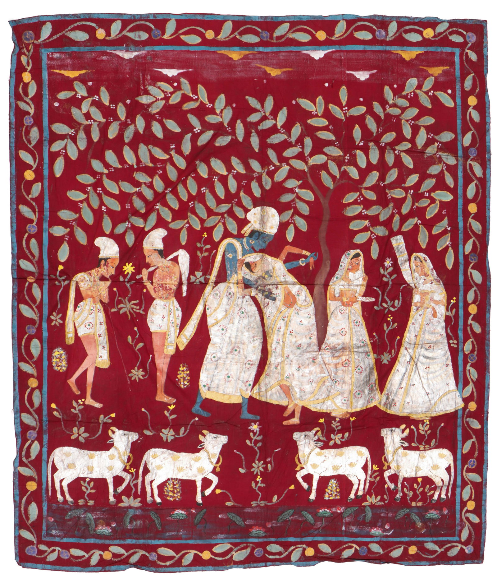 Antique Indian Krishna Pichhvai Painting, Gopis And Cows, Rajasthan, 5'9" x 4'11": Antique Indian Krishna Pichhvai Painting, Gopis And Cows, Rajasthan. Size: 5'9'' x 4'11'' (175 x 150 cm). A Indian devotional painting depicting Krishna (Gopala) with gopis and sacred cows, executed i