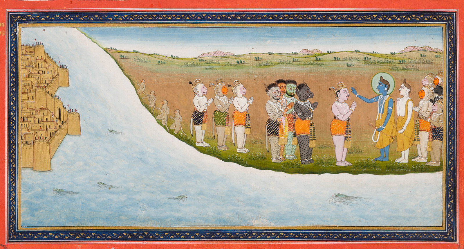 Jaipur Ramayana Miniature Painitng Of Rama Lakshmana Hanuman Lanka Scene, Early 19th C.: Jaipur Ramayana Miniature Painitng Of Rama Lakshmana Hanuman Lanka Scene, Early 19th C. Opaque watercolor and gold on paper. "Jaipur Artist, circa 1800. "Illustration to the Ramayana. Rama standing wi