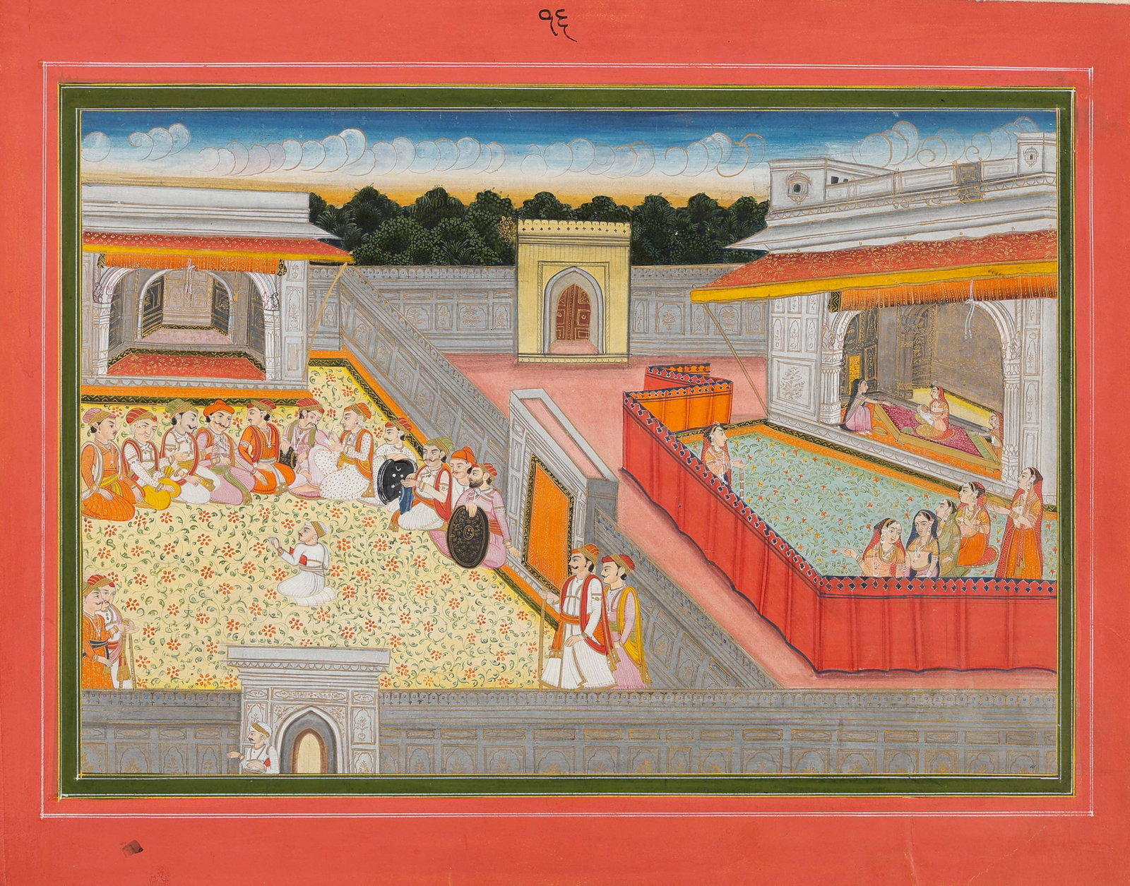 Jaipur School Indian Miniature Painting Of A Zenana And Court Scene, 19th C.: Jaipur School Indian Miniature Painting Of A Zenana And Court Scene, 19th C. Opaque watercolor on paper. "A ruler seated with his courtiers in the carpeted courtyard of a palace; in the zenana, a woma