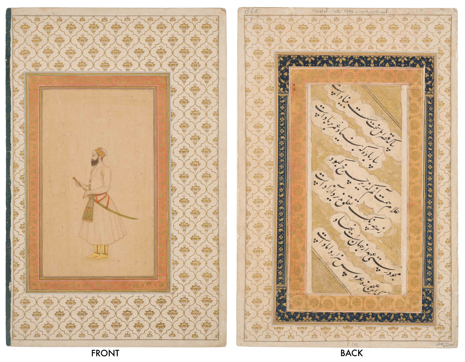 Mughal Double-Sided Album Leaf With Nobleman Portrait And Persian Calligraphy, 18th C.: Mughal Double-Sided Album Leaf With Nobleman Portrait And Persian Calligraphy, 18th C. Opaque watercolor and gold on paper. Rough Verso Translation: “When the breeze of union reached the garden of t