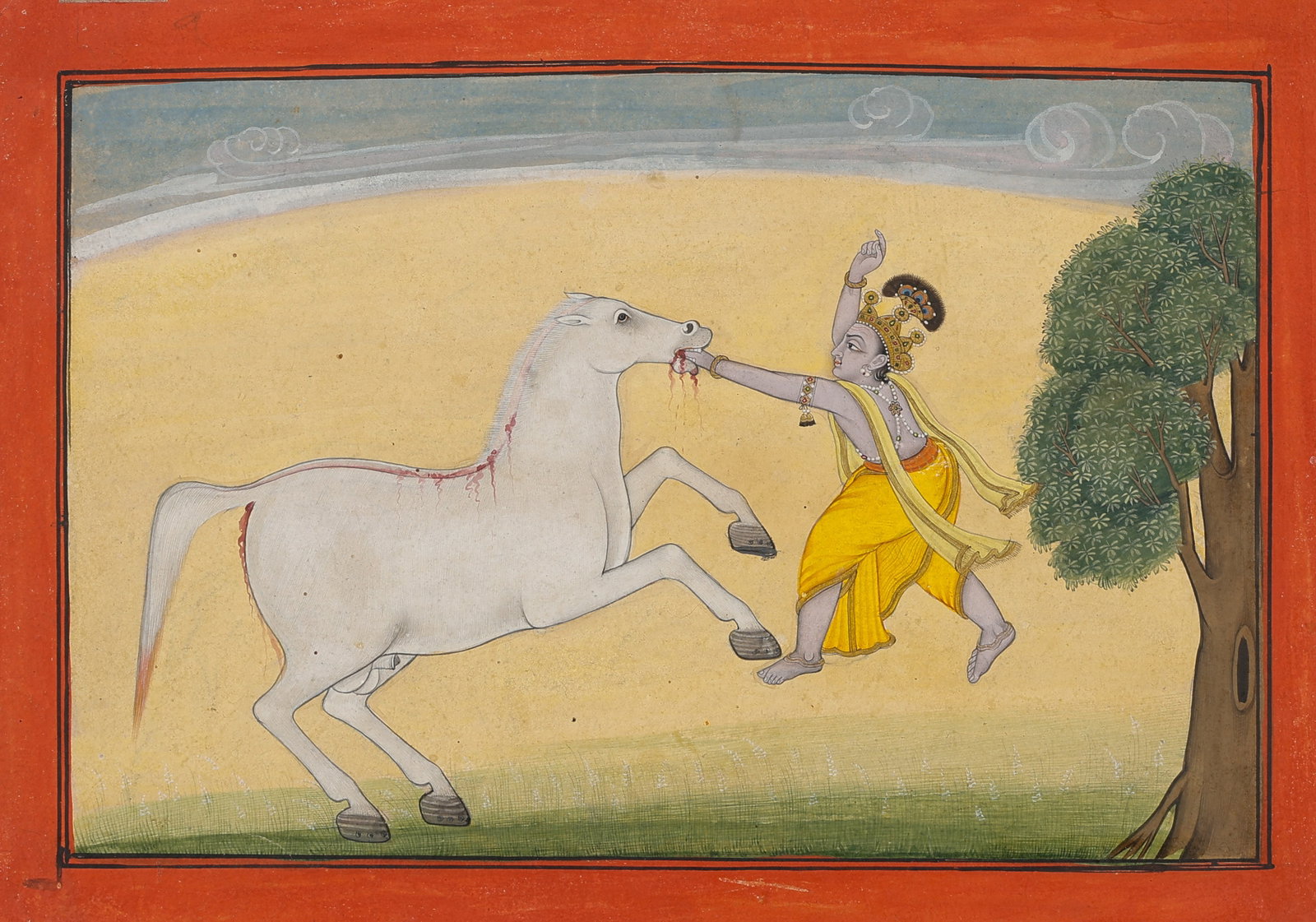 Chamba Pahari School Painting Of Krishna Slaying The Horse-Demon Kesi, Mid-Late 18th C.: Chamba Pahari School Miniature Painting Of Krishna Killing The Horse-Demon Kesi, Mid-Late 18th C. Opaque watercolor on paper. "Krishan killing the horse-demon Kesi; white horse, pale yellow background