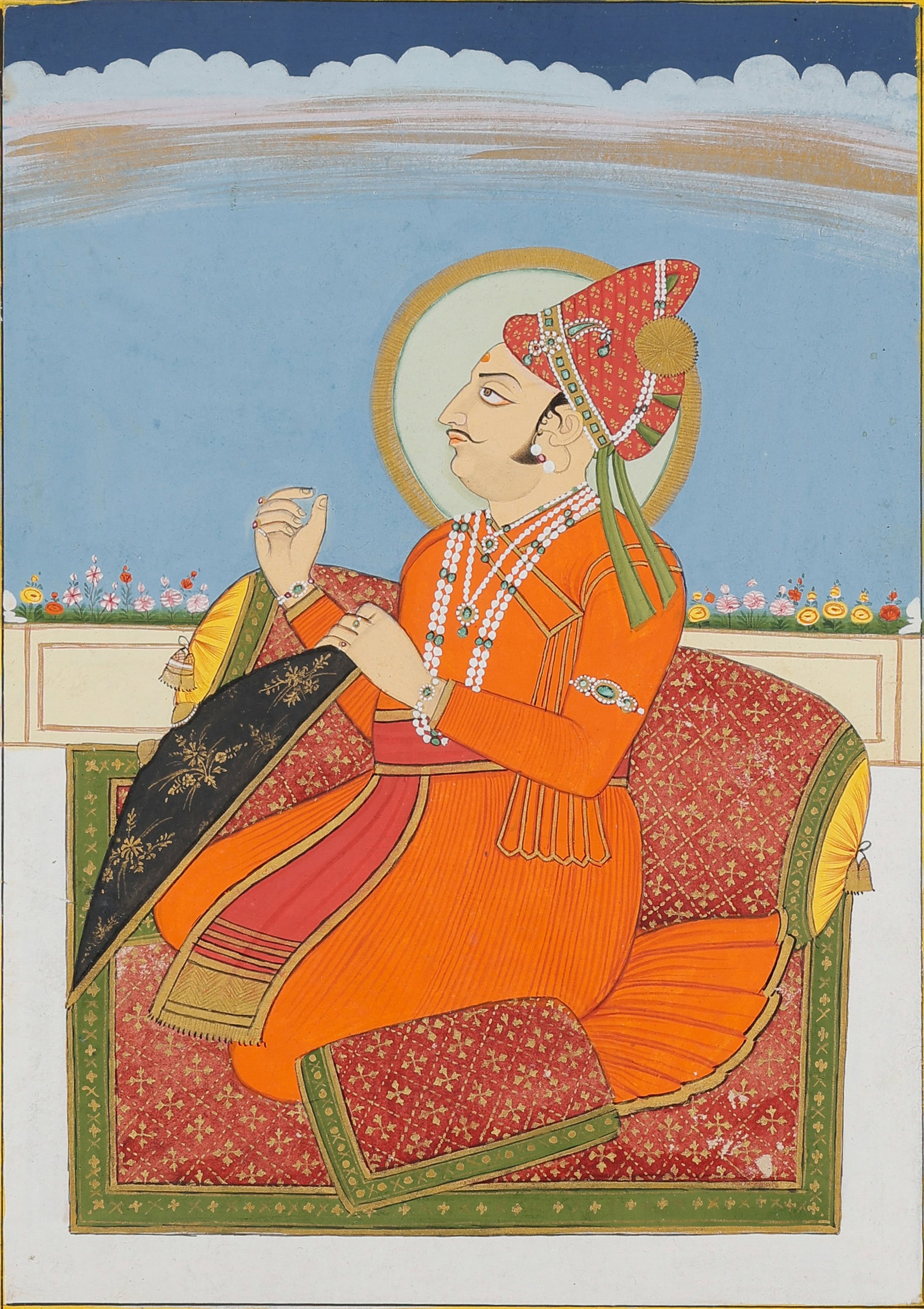 Portrait Minaiture of Maharaja Ajit Singh of Jaipur,Late 18th- Early 19th C.: Portrait of Maharaja Ajit Singh of Jaipur, Rajasthani Miniature, Late 18th/Early 19th C. Size: 15'' x 10.75'', 38 x 27 cm (sheet); 17'' x 14'', 43 x 36 cm (mat). Opaque watercolor on paper. A Indian m