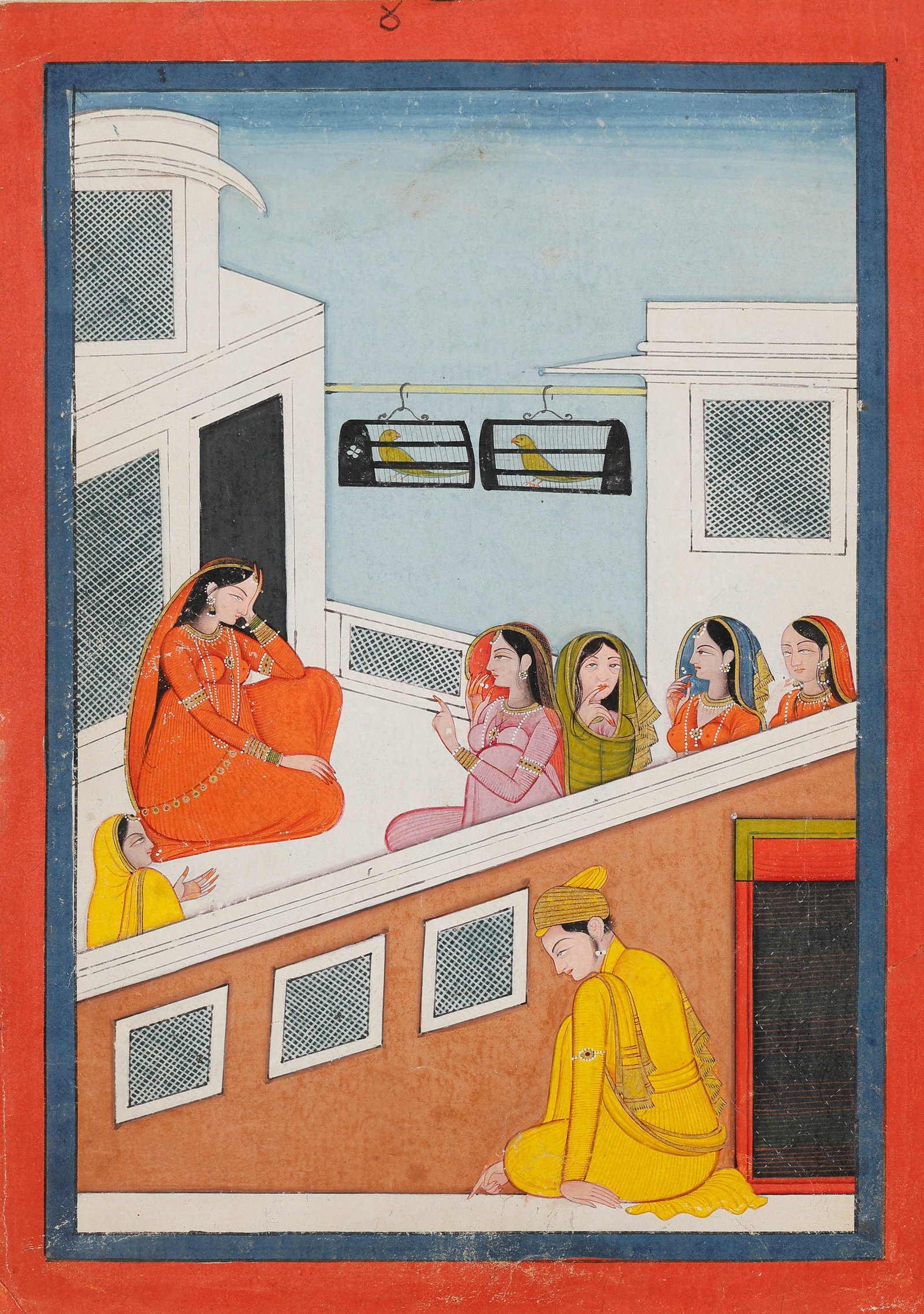 Pahari Nurpur Miniature Painting Of A Nayika Terrace Scene With Lover Below, Early 19th C.: Pahari Nurpur Miniature Painting Of A Nayika Terrace Scene With Lover Below, Early 19th C. Opaque watercolor and gold on paper. Rough Verso Translation: “She sits in longing, thinking of her beloved