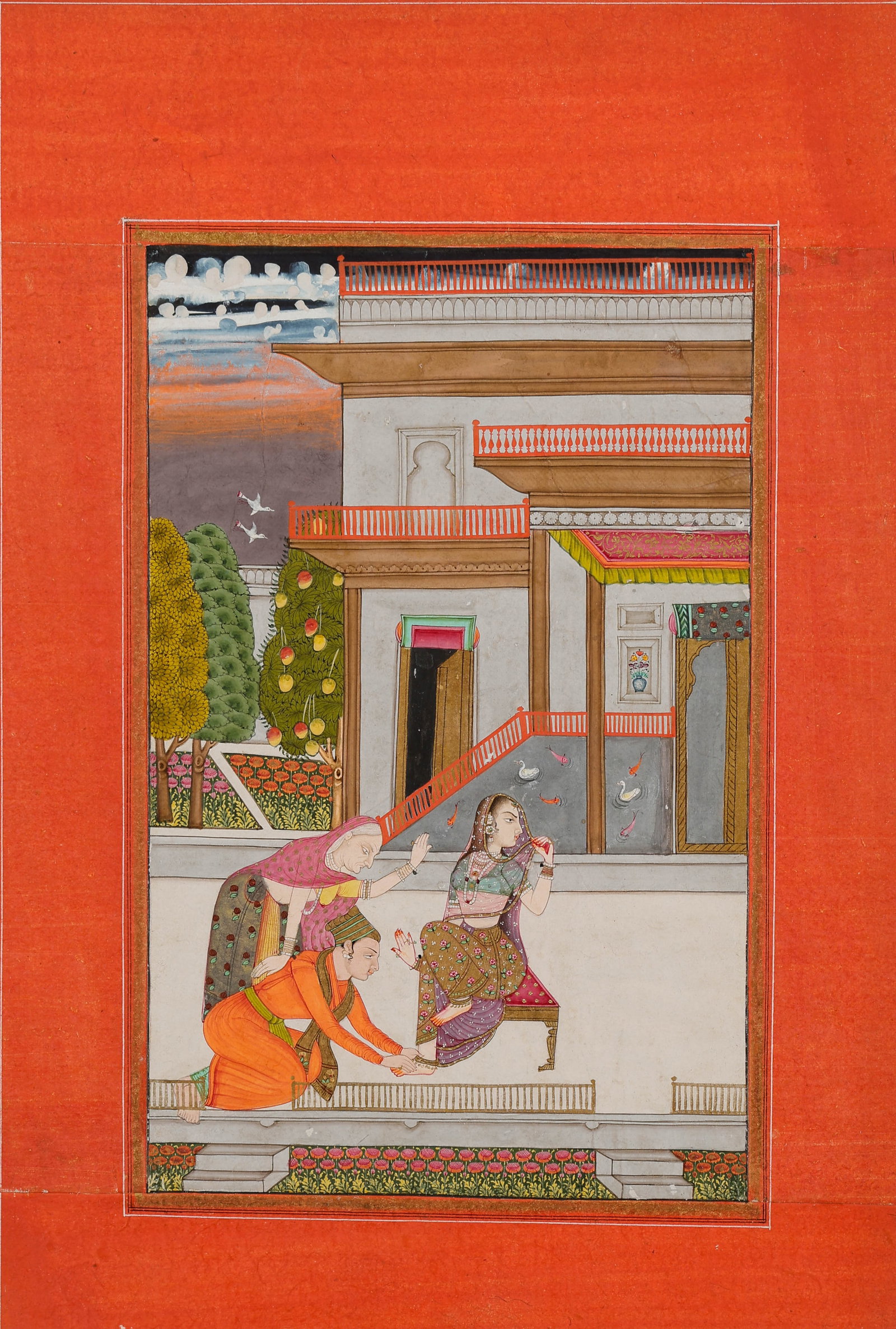 Deccani (Hyderabad) Miniature Painting Of Prince And Mistress, Ramkali Ragini, Mid-18th C.: Deccani (Hyderabad) Miniature Painting Of Prince And Mistress, Ramkali Ragini, Mid-18th C. Opaque watercolor and gold on paper. "A prince touching the feet of his mistress who is seated on a stool, a 