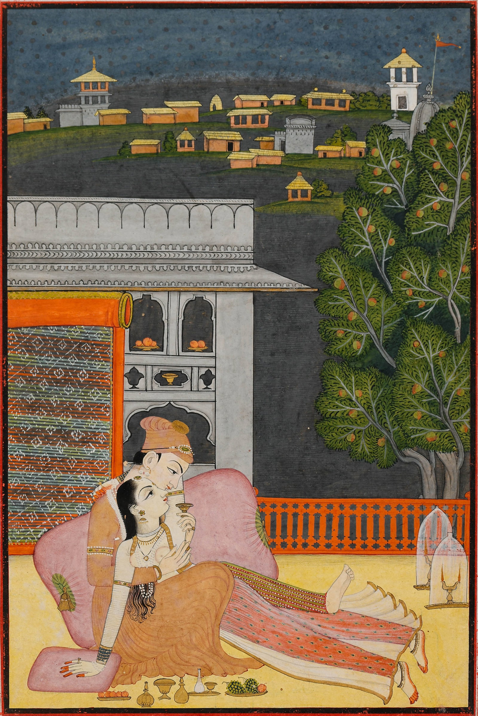 Pahari Chamba/Kangra Miniature Painting Of Lovers On Terrace, Mid-18th C.: Pahari Chamba/Kangra Miniature Painting Of Lovers On Terrace, Mid-18th C. Opaque watercolor and gold on paper. "A prince fondling his bare-breasted mistress on a terrace at night, golden vessels and h