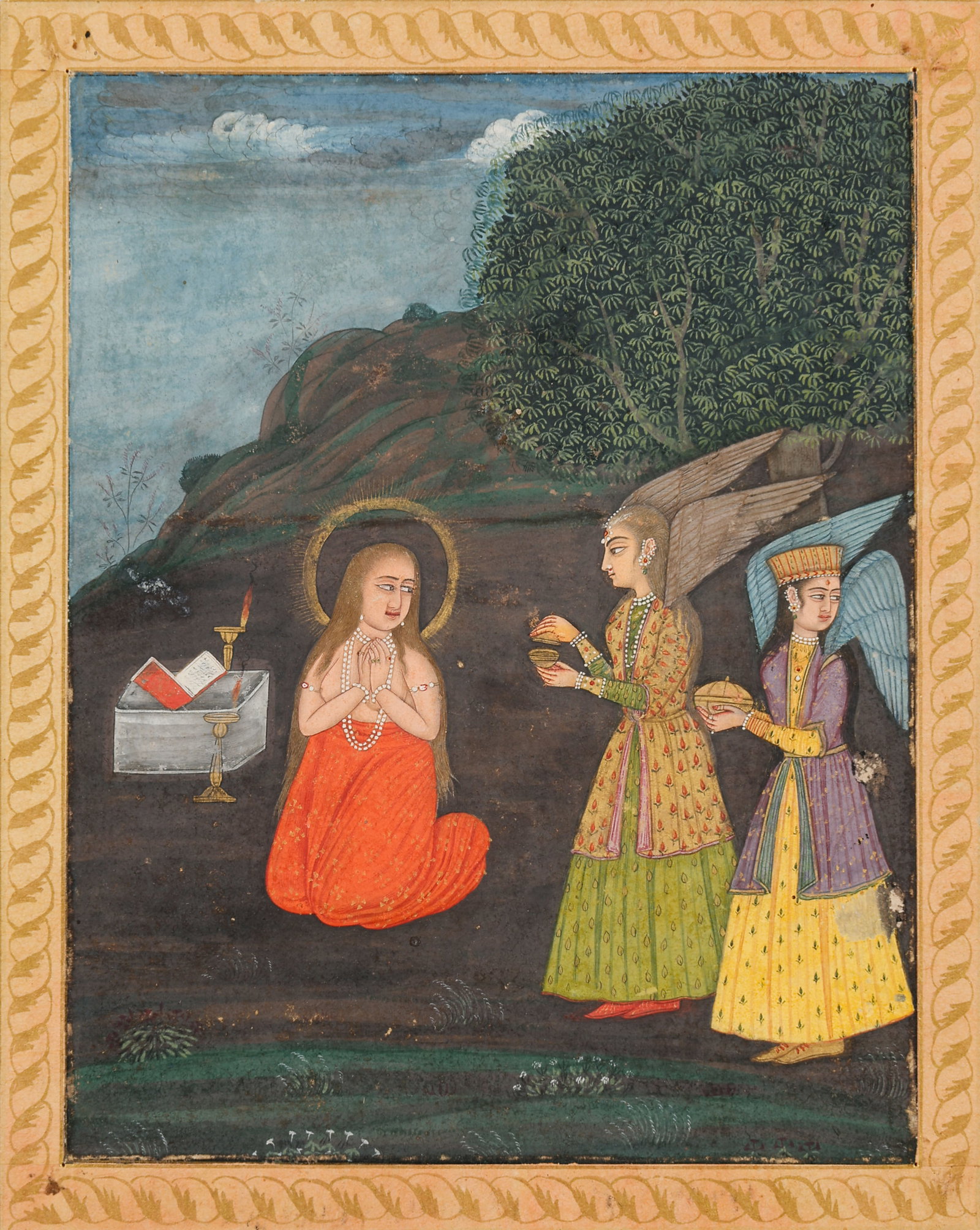 Indo-Christian Mughal School Miniature Painting Of The Virgin Mary With Angels, Mid-18th C.: Indo-Christian Mughal School Miniature Painting Of The Virgin Mary With Angels, Mid-18th C. Opaque watercolor and gold on paper. Verso is fully decorated with a repeating foliate diaper pattern. On ma