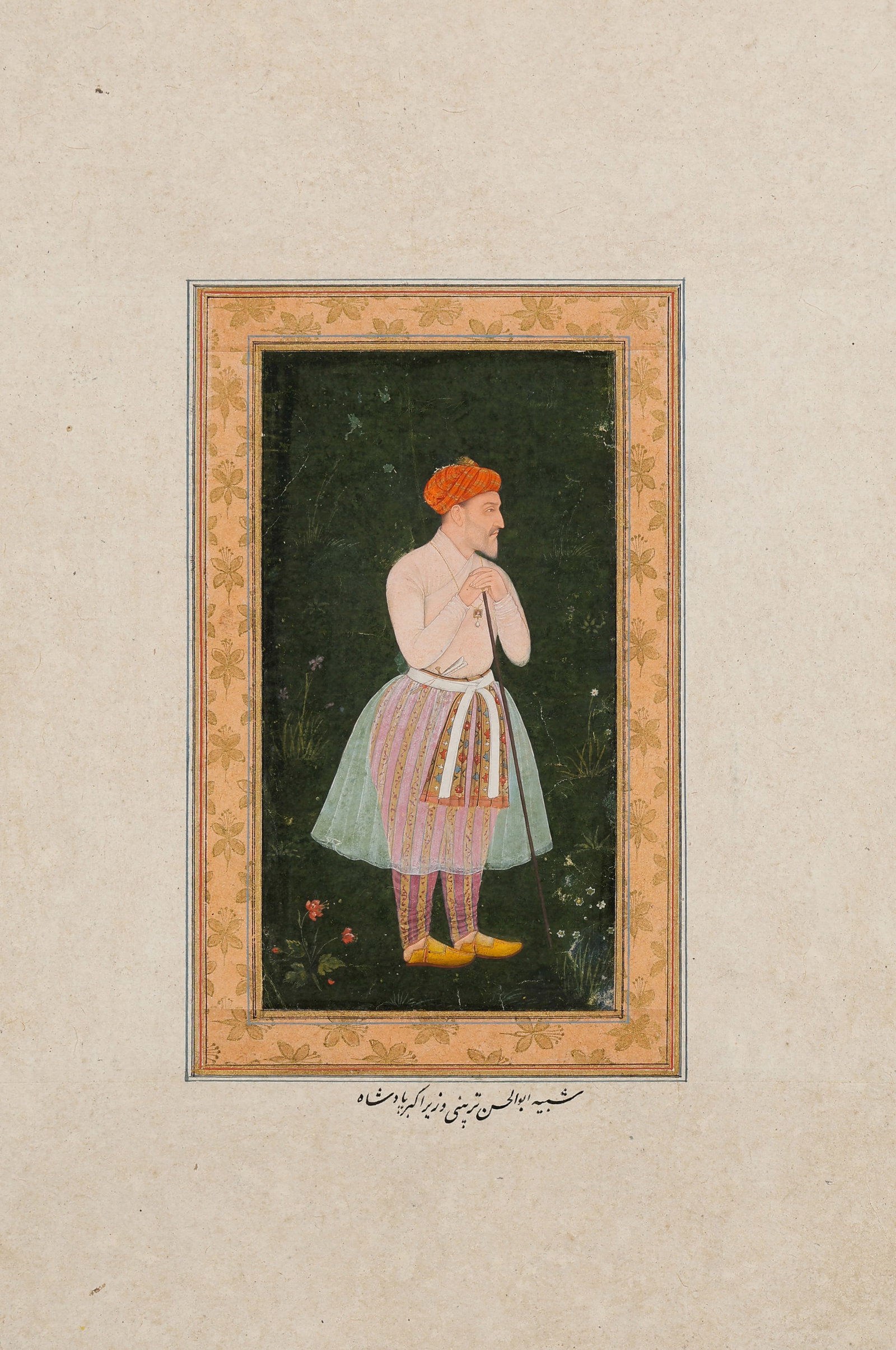 Fine Mughal Double Sided Miniature Painting Of Abul Hasan Tarbati And A Ascetic, Late 17th C.: Fine Mughal Double Sided Miniature Painting Of Abul Hasan Tarbati And A Ascetic, Late 17th C. Opaque watercolor and gold on paper. Portrait of Abul Hasan Tarbati. He stands in a meadow amid flowers, r