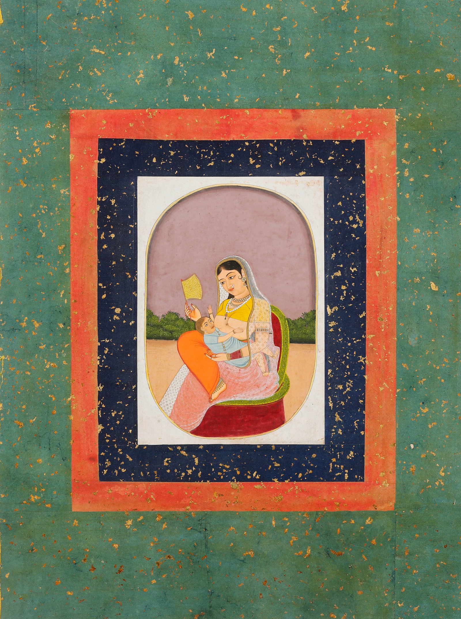 Jaipur Rajput Miniature Painting Of Mother And Child, Early 19th C.: Jaipur Rajput Miniature Painting Of Mother And Child, Early 19th C. Opaque watercolor and gold on paper with gilt-sprinkled borders. "A mother breast-feeding her baby and holding a fan seated on a red