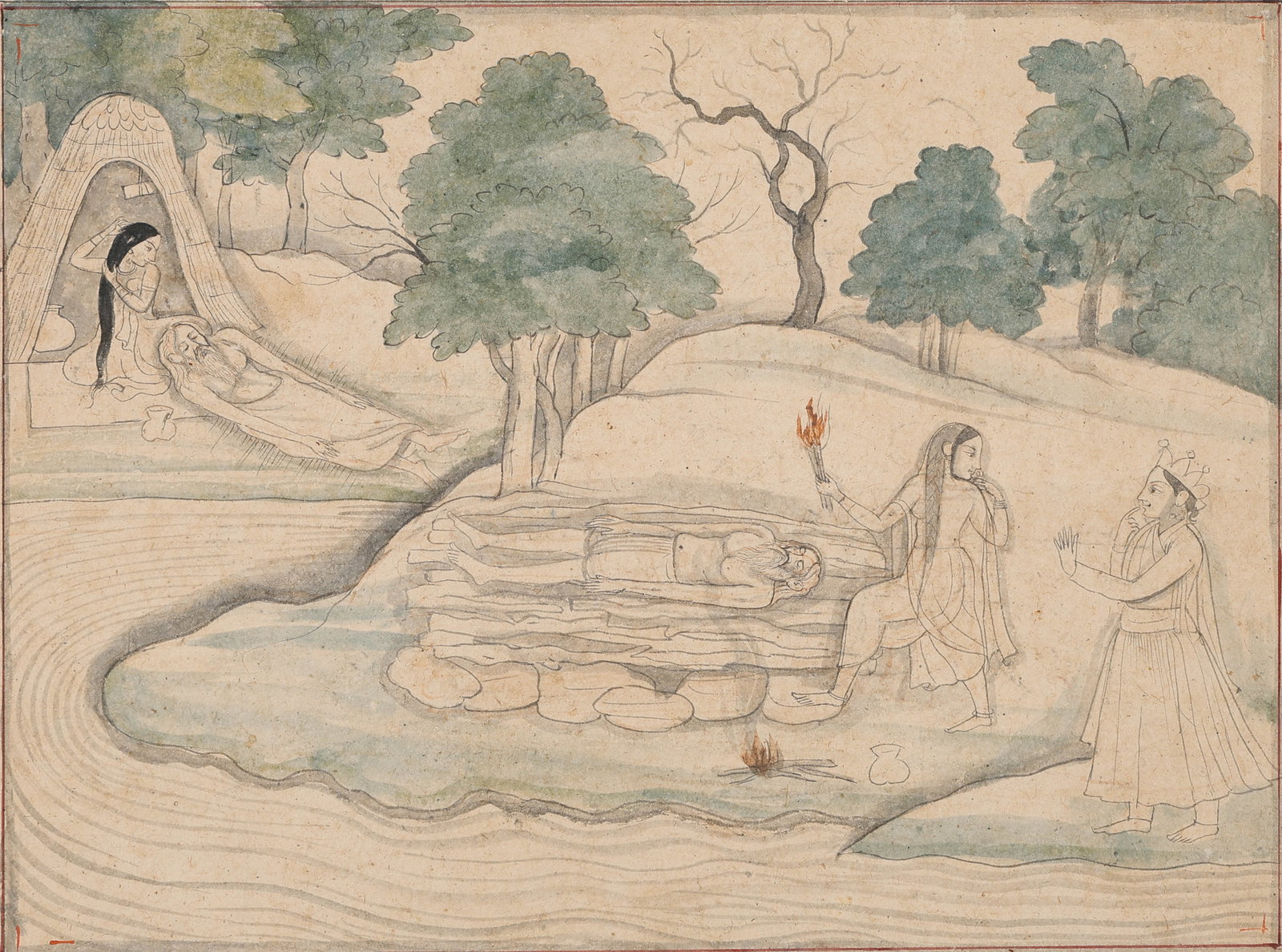 Pahari Kangra School Miniature Painting Of Sati Widow Funeral Pyre Scene, Early 19th C.: Pahari Kangra School Miniature Painting Of Sati Widow Funeral Pyre Scene, Early 19th C. Pen and ink with wash on paper. "Pahari Artist, early 19th C. A wife about to perform suttee. A prince (?) Krish