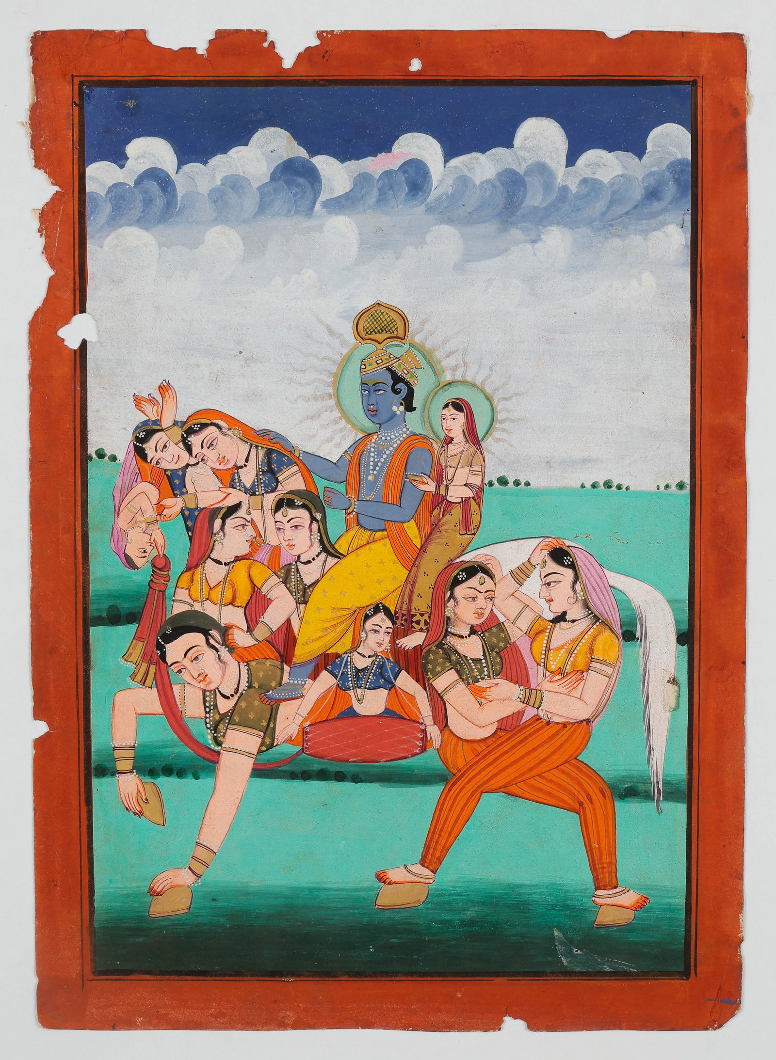 Rare Indian Folk Painting Of Krishna Riding A Horse Formed Of Gopis, Rajasthan/Gujarat, Circa 1900: Rare Indian Folk Painting Of Krishna Riding A Horse Formed Of Gopis, Rajasthan/Gujarat, Circa 1900. Size: 14'' x 10'', 36 x 25 cm (sheet); 17'' x 14'', 43 x 36 cm (mat). Rendered in opaque watercolor 