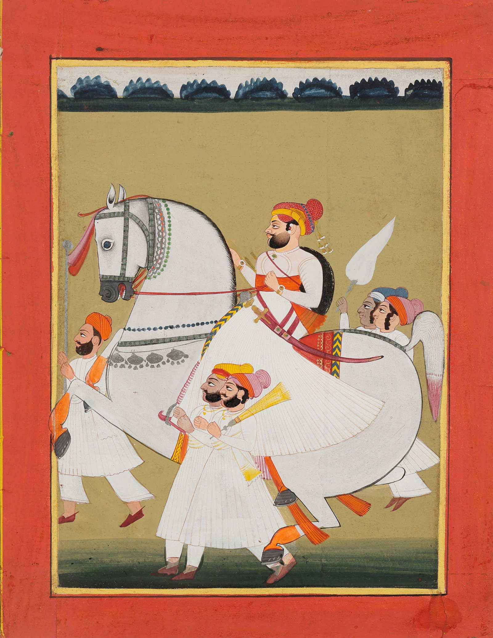 Indian Miniature Painting Rajasthan Jaipur School Equestrian Noble Procession, Early-Mid 19th C.: Indian Miniature Painting Rajasthan Jaipur School Equestrian Noble Procession, Early-Mid 19th C. Size: 13.75'' x 10.5'', 35 x 27 cm (sheet); 17'' x 14'', 43 x 36 cm (mat). Opaque watercolor and ink on