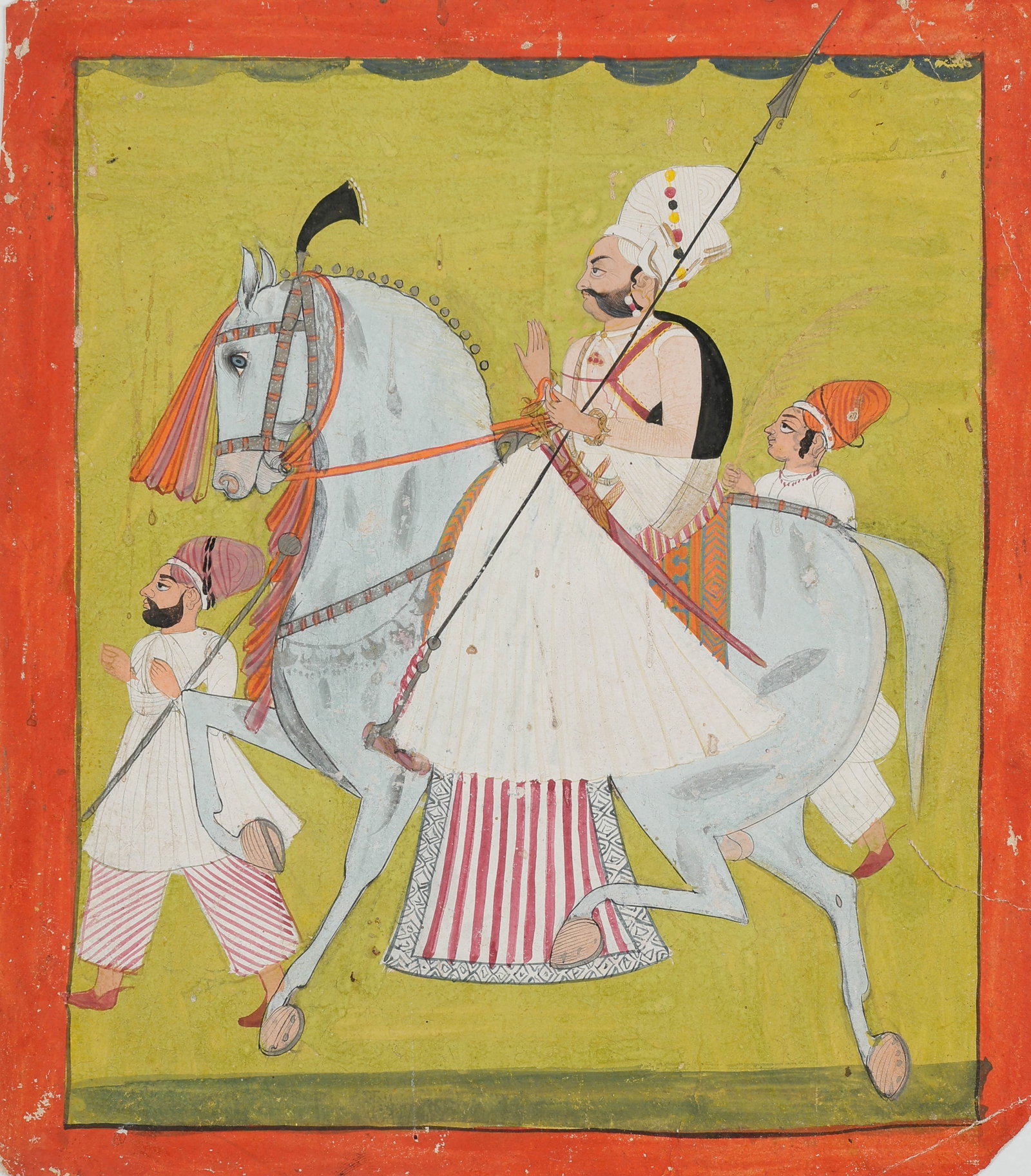 Bikaner Indian Miniature Painting, Nobleman On Horseback, Royal Collection Stamp, Late 18th-Early: Bikaner Indian Miniature Painting, Nobleman On Horseback, Royal Collection Stamp, Late 18th-Early 19th C. Size: 11.75'' x 10.25'', 30 x 26 cm (sheet); 17'' x 14'', 43 x 36 cm (mat). A Rajasthani minia