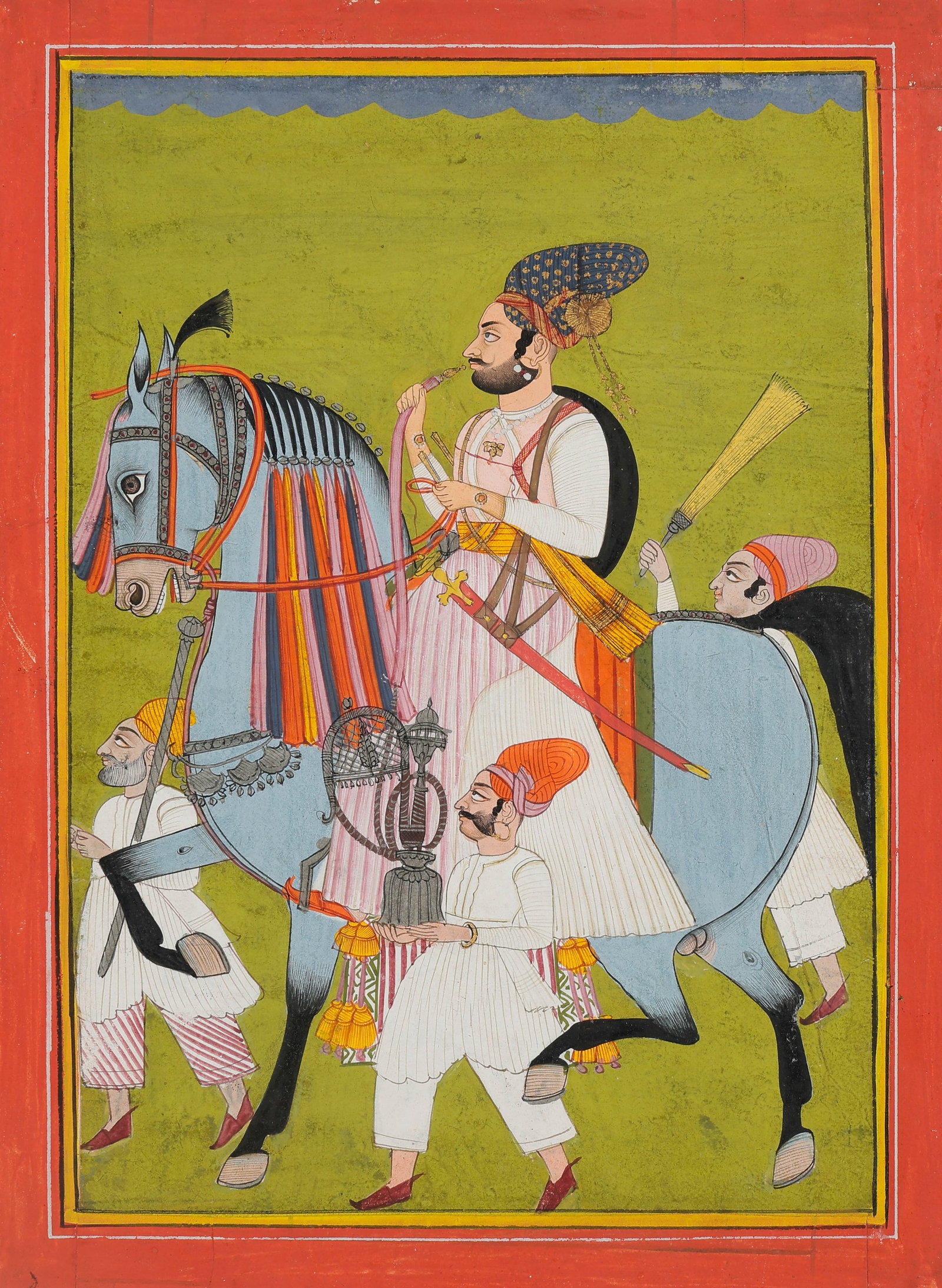 Indian Rajput Miniature Painting Of Nobleman On Horseback With Attendants, Early-Mid 19th: Indian Rajput Miniature Painting Of Nobleman On Horseback With Attendants, Early-Mid 19th C. Size: 13'' x 9.5'', 33 x 24 cm (sheet); 17'' x 14'', 43 x 36 cm (mat). A North Indian miniature painting de