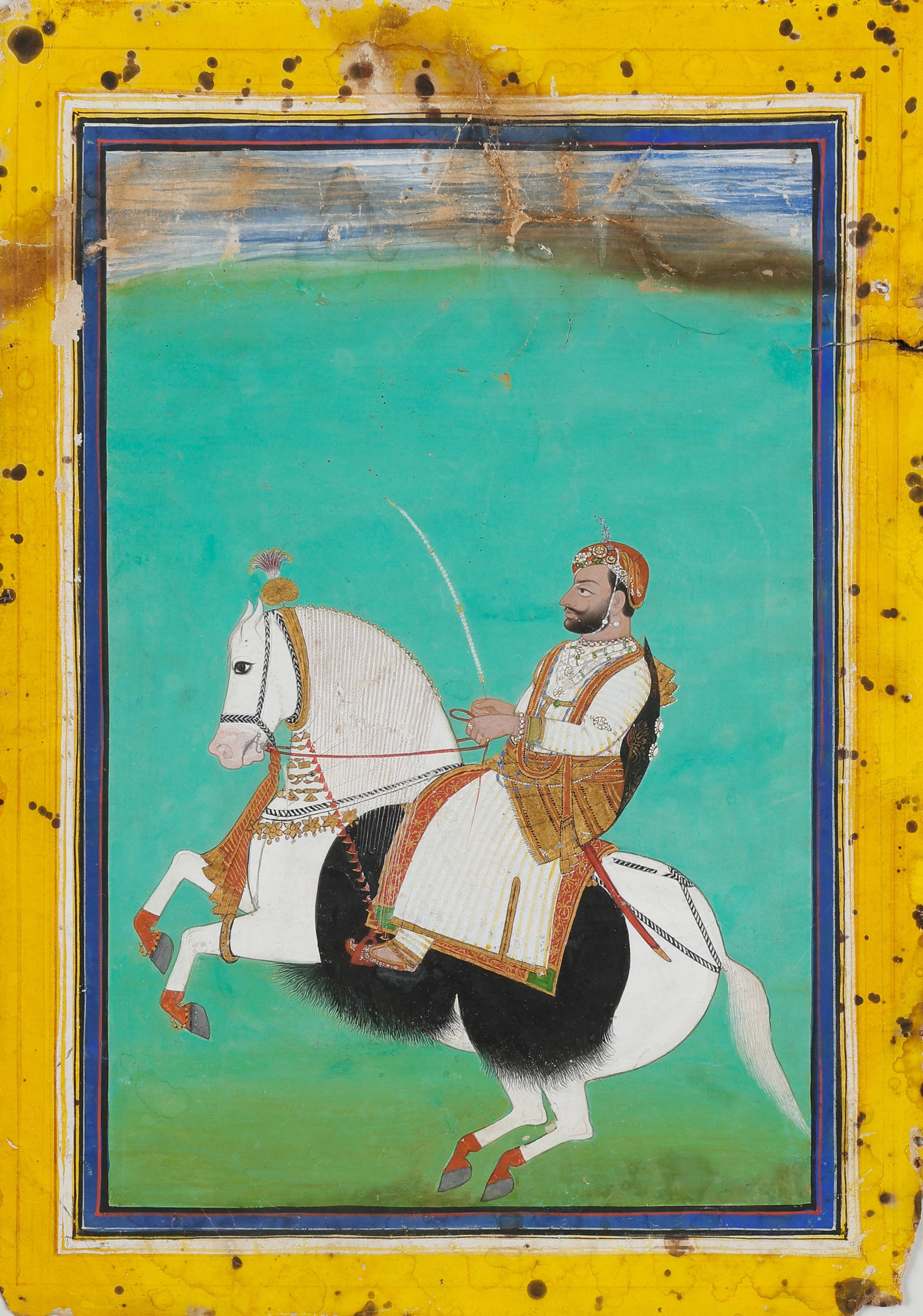 Indian Rajasthani Miniature Equestrian Portrait Of A Rajput Nobleman, Jaipur School, Early 19th C.: Indian Rajasthani Miniature Painting, Equestrian Rajput Nobleman On Horse, Jaipur School, Early 19th C. Size: 12.75'' x 9.25'', 32 x 23 cm (sheet); 16'' x 12'', 41 x 30 cm (mat). Opaque watercolor and