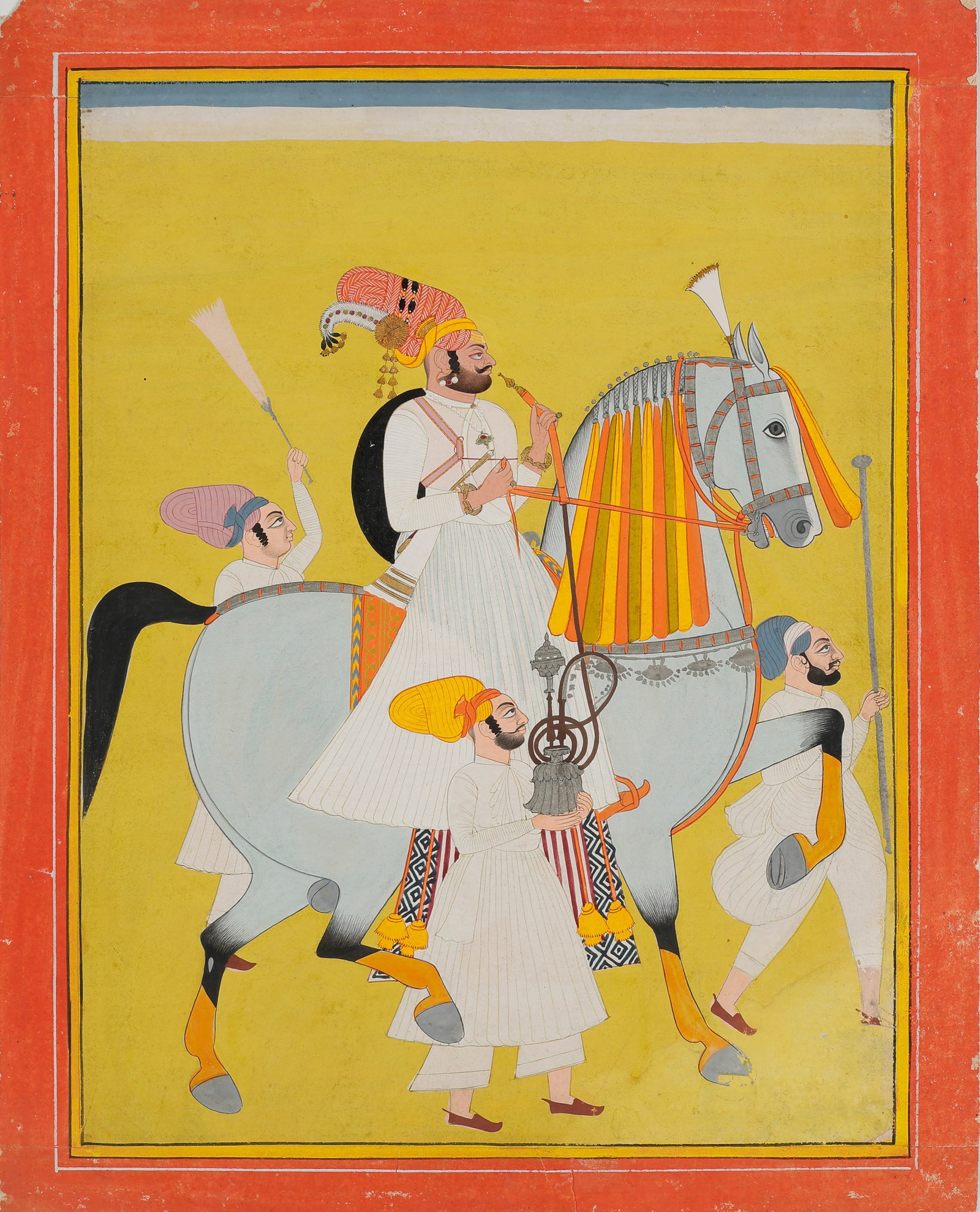 Indian Miniature Equestrian Portrait Of A Rajput Prince, Jodhpur, Rajasthan, Mid-19th C.: Indian Miniature Equestrian Portrait Of A Rajput Prince, Jodhpur, Rajasthan, Mid-19th C. Size: 13.25'' x 10.75'', 34 x 27 cm (sheet); 17'' x 14'', 43 x 36 cm (mat). With three attendants on foot holdi