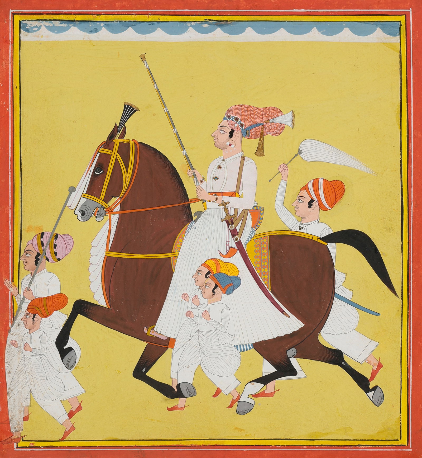 Rajasthani Miniature Painting Of Nobleman On Horseback With Attendants, Mid-19th C.: Rajasthani Miniature Painting Of Nobleman On Horseback With Attendants, Mid-19th C. Size: 11.25'' x 10.25'', 29 x 26 cm (sheet); 17'' x 14'', 43 x 36 cm (mat). Opaque watercolor and ink on paper. The 