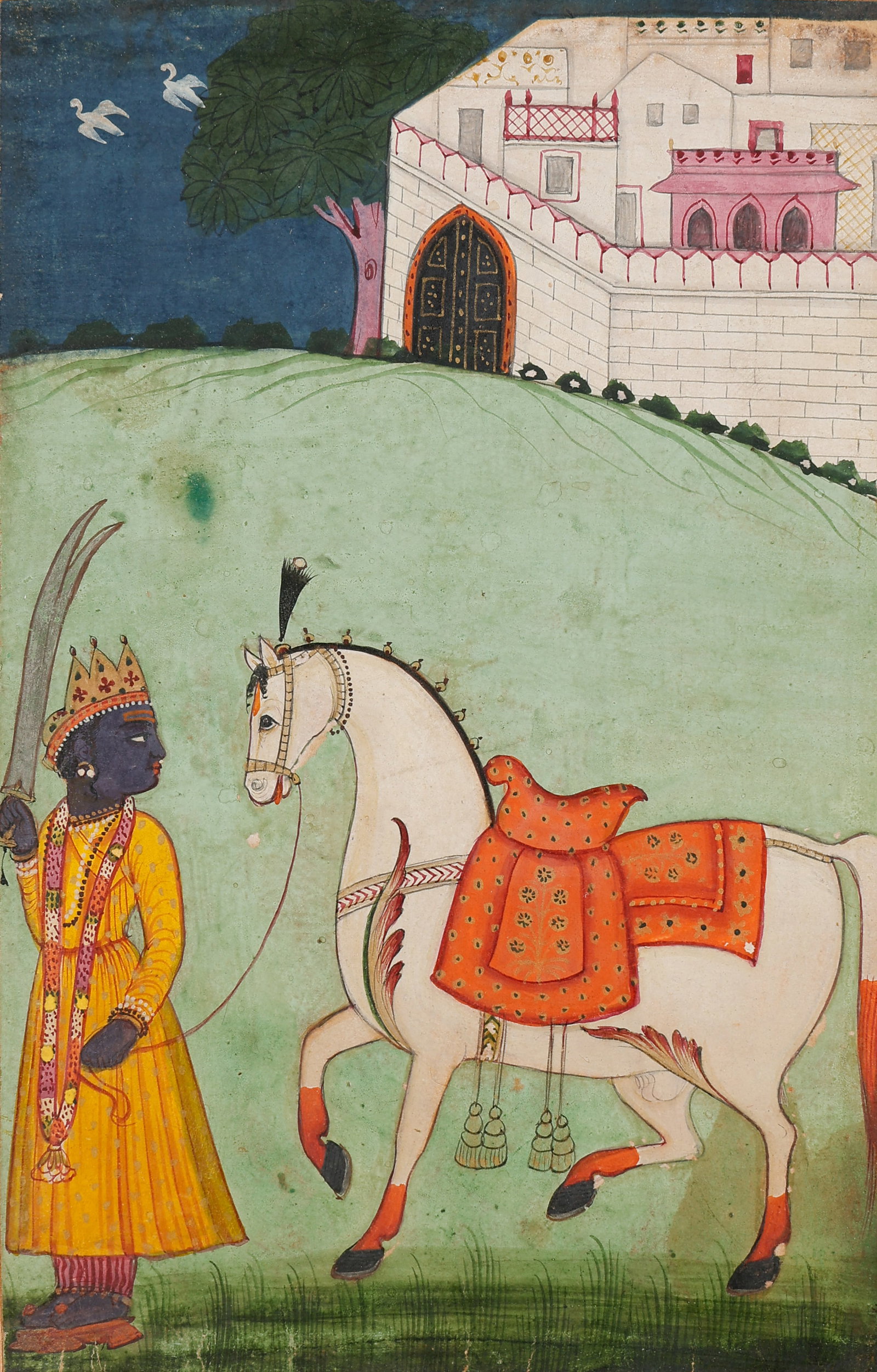 Bengal Miniature Painitng Of The Kalki Avatar Of Vishnu With Horse, Mid-Late 18th C.: Bengal Miniature Painitng Of The Kalki Avatar Of Vishnu With Horse, Mid-Late 18th C. Opaque watercolor on paper. "Kalki avatara. (The White Horse). A white stallion with wings is led by Krishna holdin