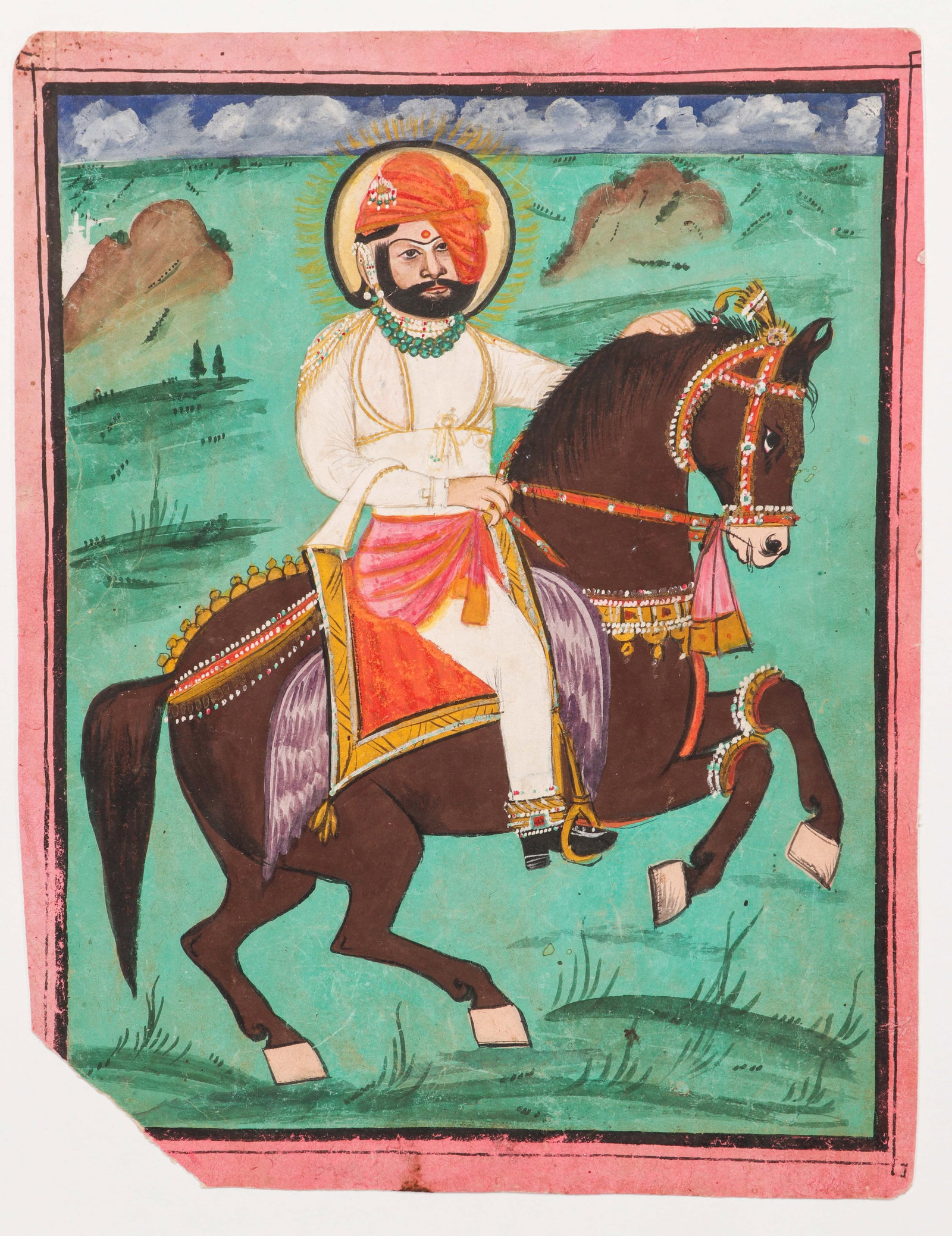 Indian Miniature Painting Of Haloed Nobleman On Horse, Rajasthan, 19th C.: Indian Miniature Painting Of Haloed Nobleman On Horse, Rajasthan, 19th C. Size: 12.5'' x 9.75'', 32 x 25 cm (sheet); 17'' x 14'', 43 x 36 cm (mat). Opaque watercolor on paper depicting a nobleman moun