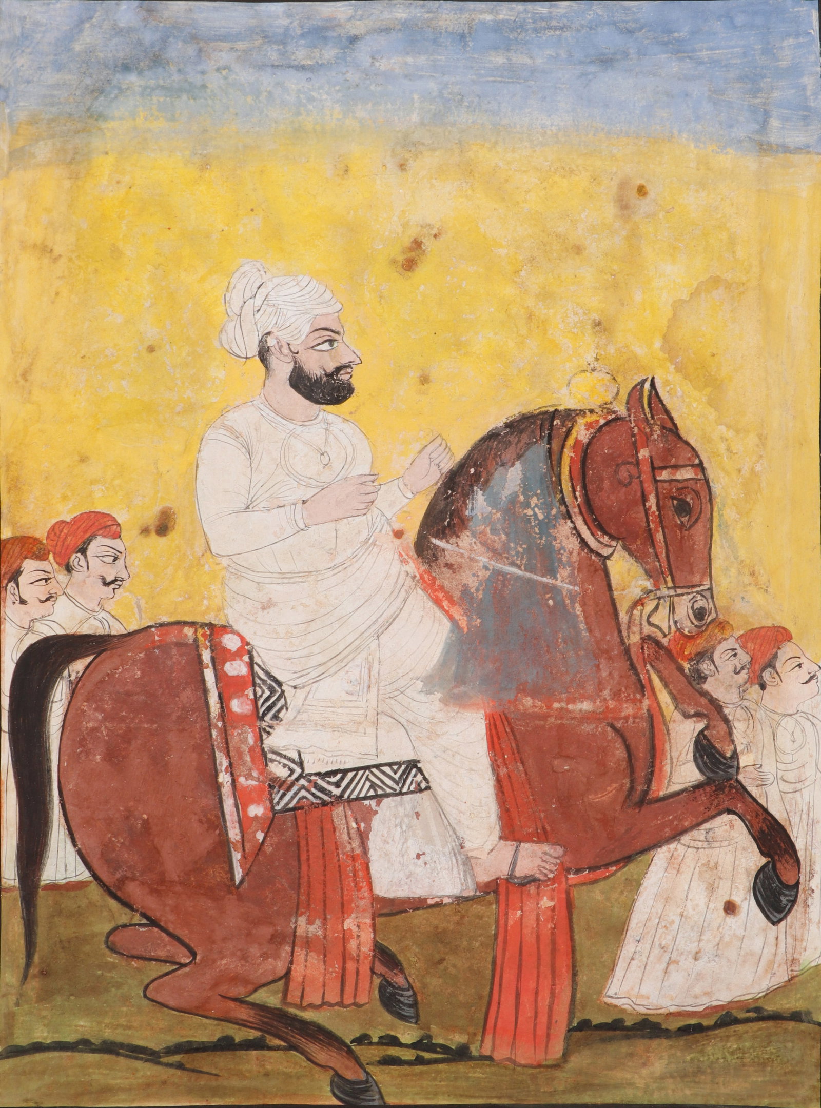 Indian Miniature Equestrian Portrait Of A Rajput Prince, Jodhpur, Rajasthan, 19th C.: Indian Miniature Equestrian Portrait Of A Rajput Prince, Jodhpur, Rajasthan, 19th C. Opaque watercolor on paper. Size: 12.5'' x 9.25'', 32 x 23 cm (sheet); 16'' x 12'', 41 x 30 cm (mat). Indian Miniat