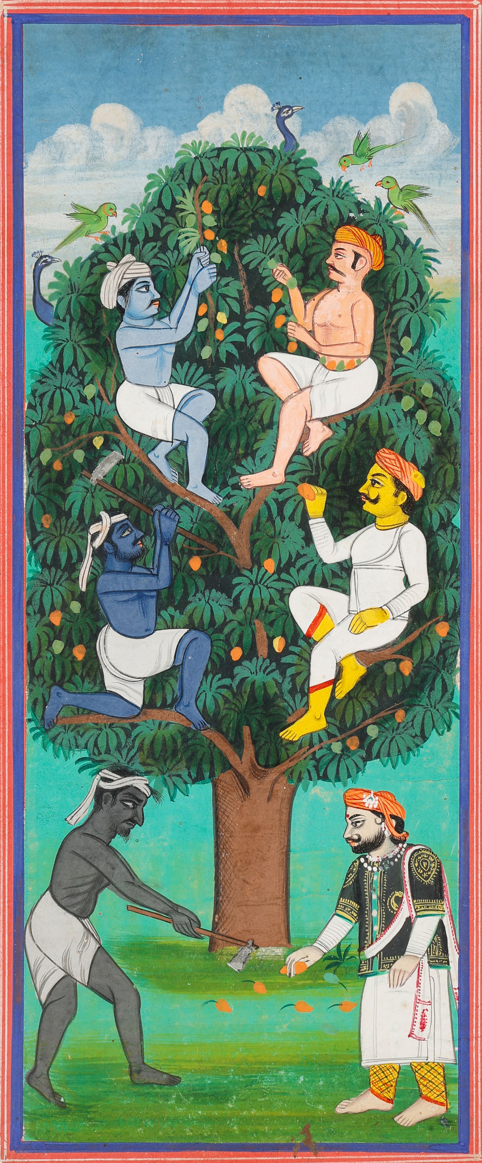 Jain Miniature Painting, The Parable Of The 6 Friends And A Mango Tree, Jaipur School, 19th C.: Indian Jain Miniature Painting, The Parable of The 6 Friends and a Mango Tree, Jaipur School, 19th C. Size: 10.5'' x 4.75'', 27 x 12 cm (sheet); 16'' x 12'', 41 x 30 cm (mat). Opaque watercolor on pap