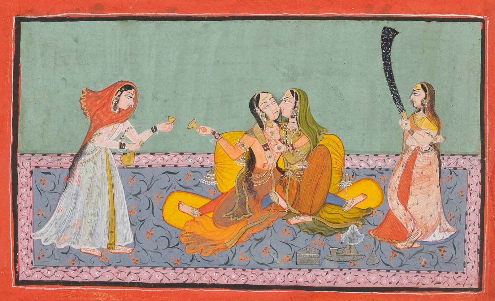 Bundi (Rajasthan, India) Indian Miniature Painting Of Courtly Lovers With Attendants, Mid-18th C.: Bundi (Rajasthan, India) Indian Miniature Painting Of Courtly Lovers With Attendants, Mid-18th C. Opaque watercolor on paper. "Two girls fondling each other as the lean against a yellow bolster on a c