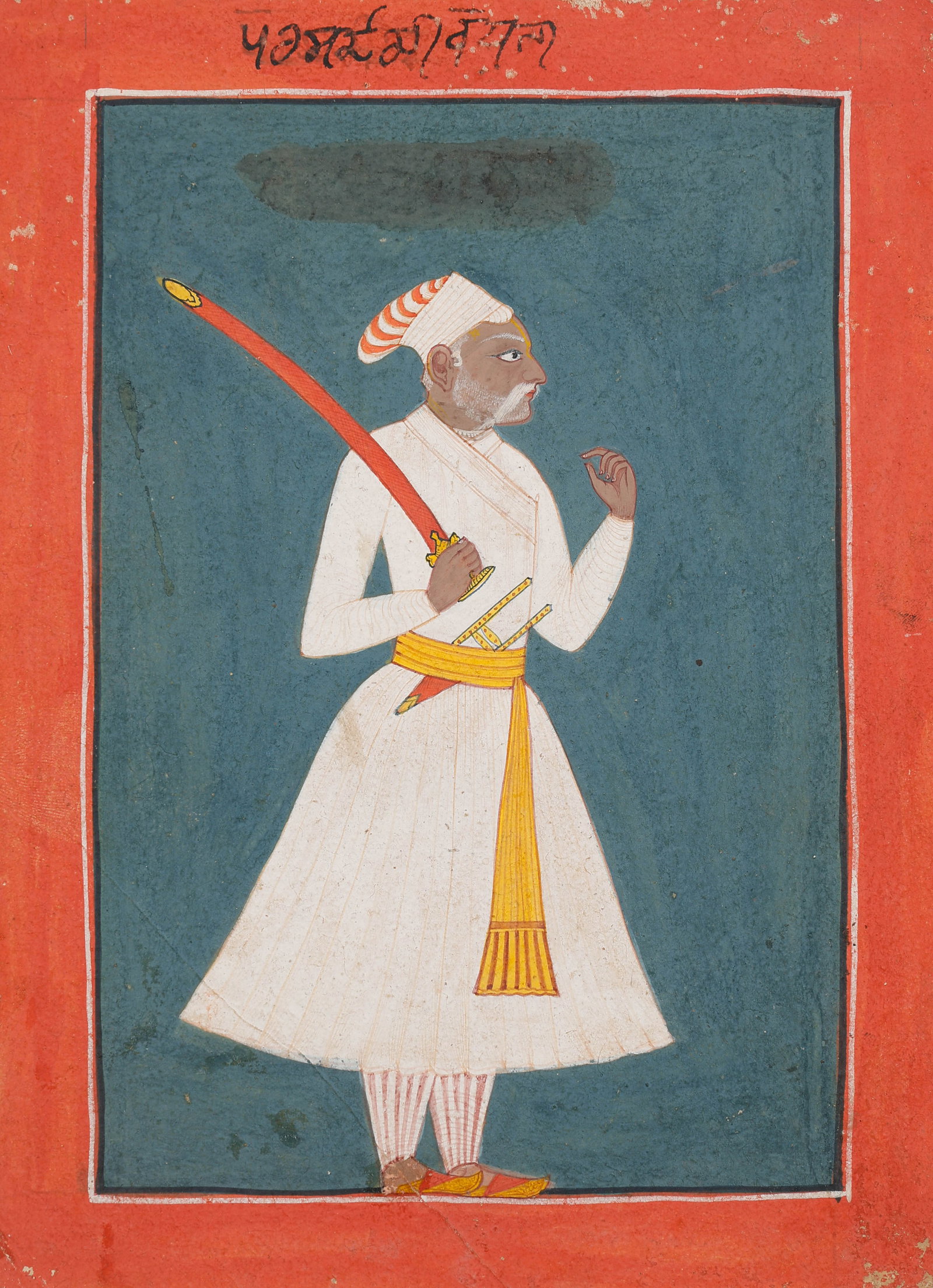Bijapur School Indian Miniature Painting, Portrait Of A Courtier With Sword, Early 18th C.: Bijapur School Indian Miniature Painting, Portrait Of A Courtier With Sword, Early 18th C. Opaque watercolor on paper, with Devanagari script above, likely added post-production as a inventory number.