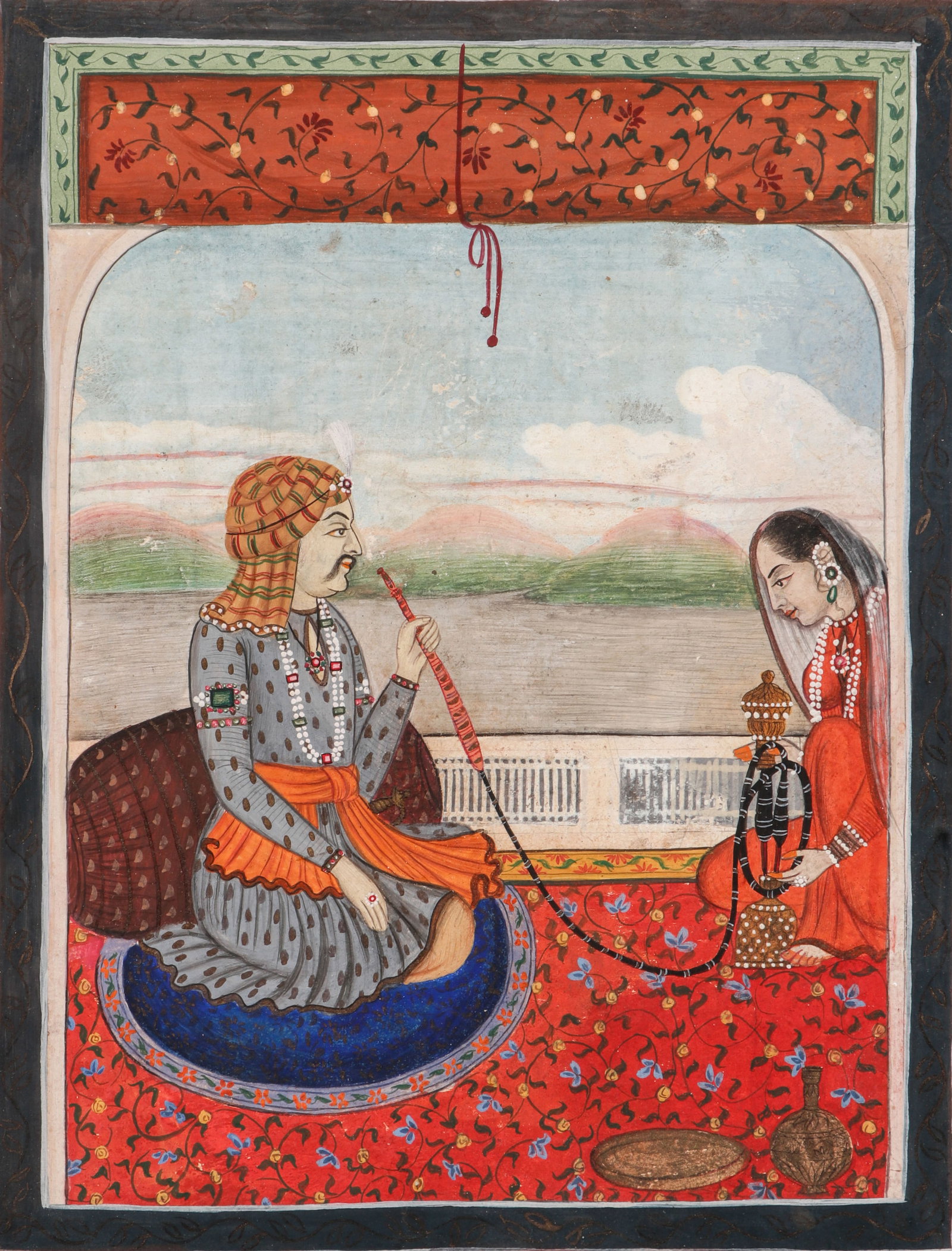 Rajasthani Miniature Painting Of Nobleman Smoking A Huqqa, Jaipur Or Related Court, North India,: Rajasthani Miniature Painting Of Nobleman Smoking A Huqqa, Jaipur Or Related Court, North India, Late 18th C.-Early 19th C. Opaque watercolor on paper. Size: 8.75'' x 7'', 22 x 18 cm (sheet); 16'' x 1