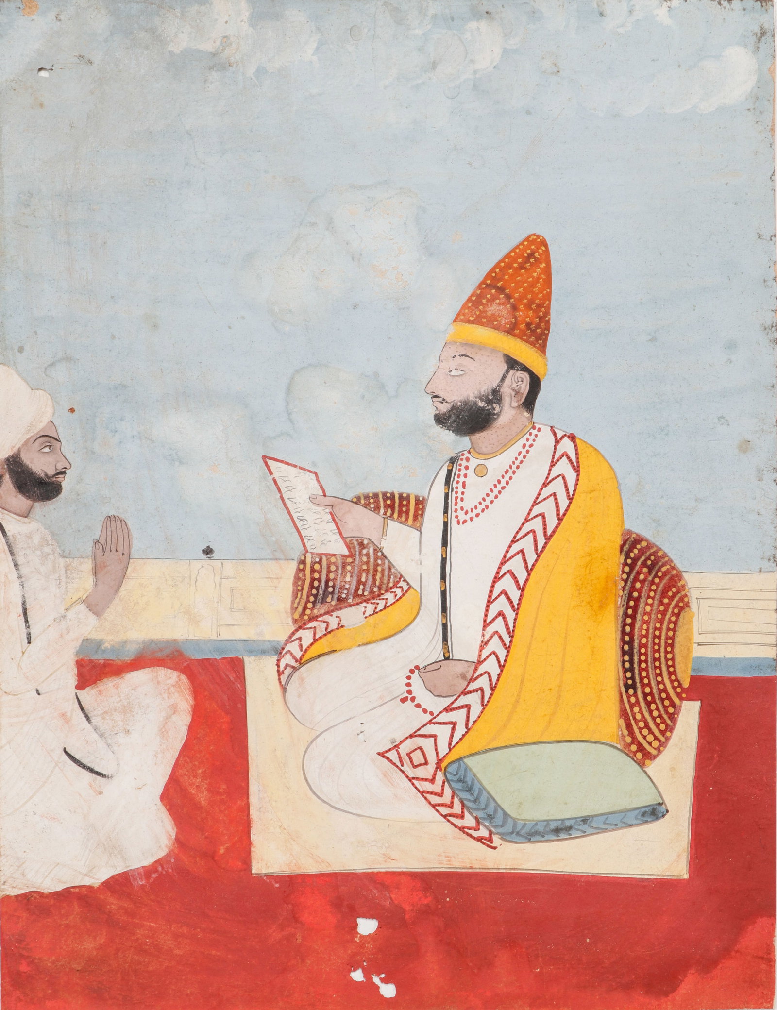 Deccani Miniature Painting Of A Nobleman Receiving A Petition, Late 18th - Early 19th C.: A Nobleman Receiving A Petition, North India, Rajasthan Or Deccan, Late 18th/Early 19th C. Size: 9.25'' x 7'', 23 x 18 cm (sheet); 17'' x 14'', 43 x 36 cm (mat). Opaque watercolor on paper. On mat.
