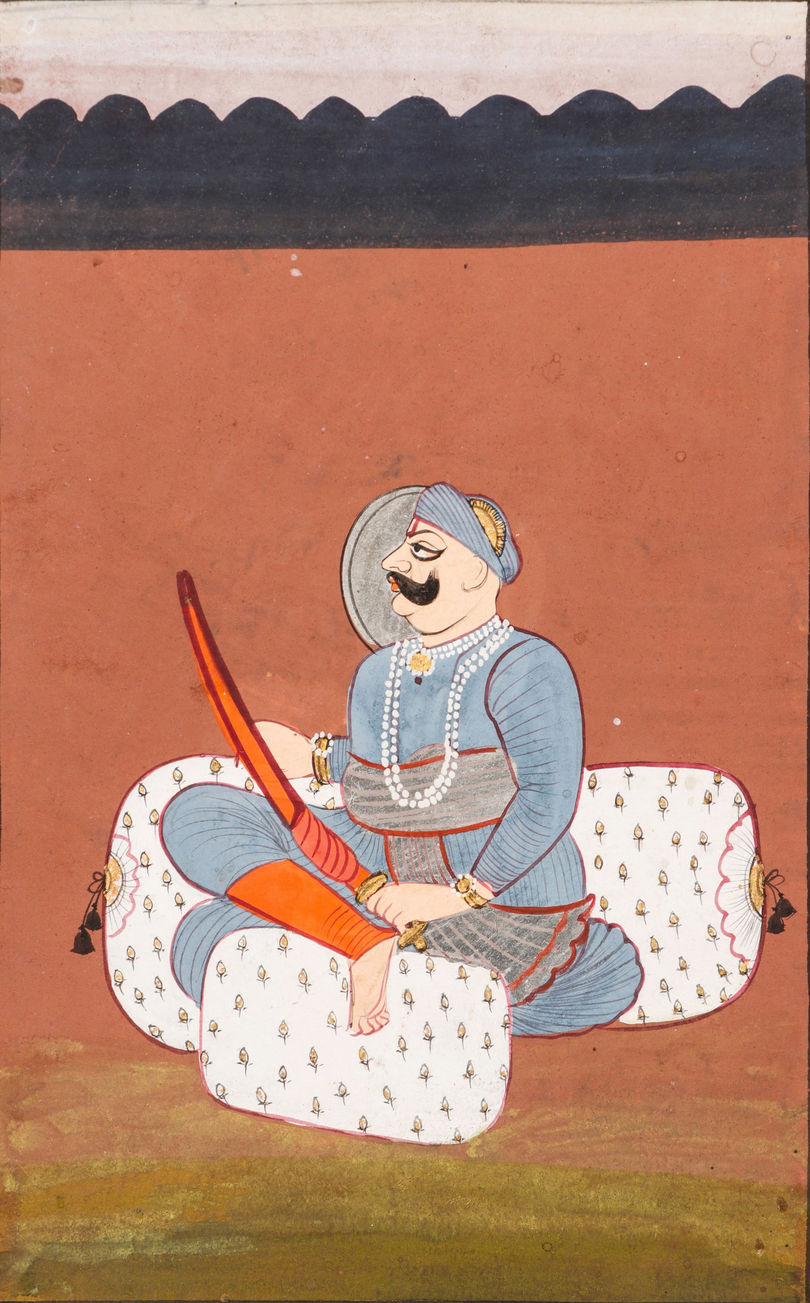 Rajput Court Portrait Of A Seated Nobleman With Talwar Sword, Rajasthan Jaipur School, Late: Rajput Court Portrait Of A Seated Nobleman With Talwar Sword, Rajasthan Jaipur School, Late 18th-Early 19th C. Opaque watercolor on paper. Size: 9.5'' x 6.5'', 24 x 17 cm (sheet); 16'' x 12'', 41 x 30